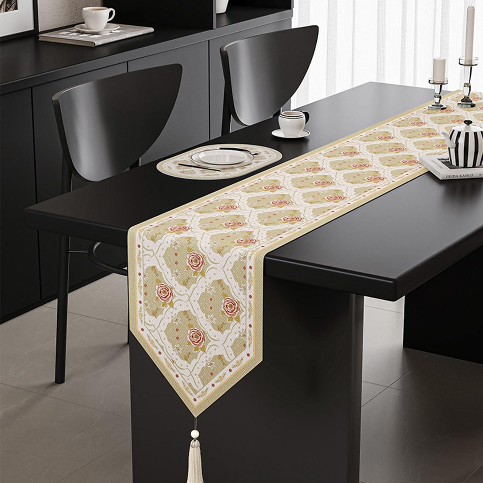 Beige Weiß Grün Tischläufer Baumwolle Leinen, Esstisch Tischläufer Abwaschbar Blumen Raute Muster mit Quasten Tischdecke für Küche Esstisch Dekor, 30x240 cm, Beige Weiß Grün