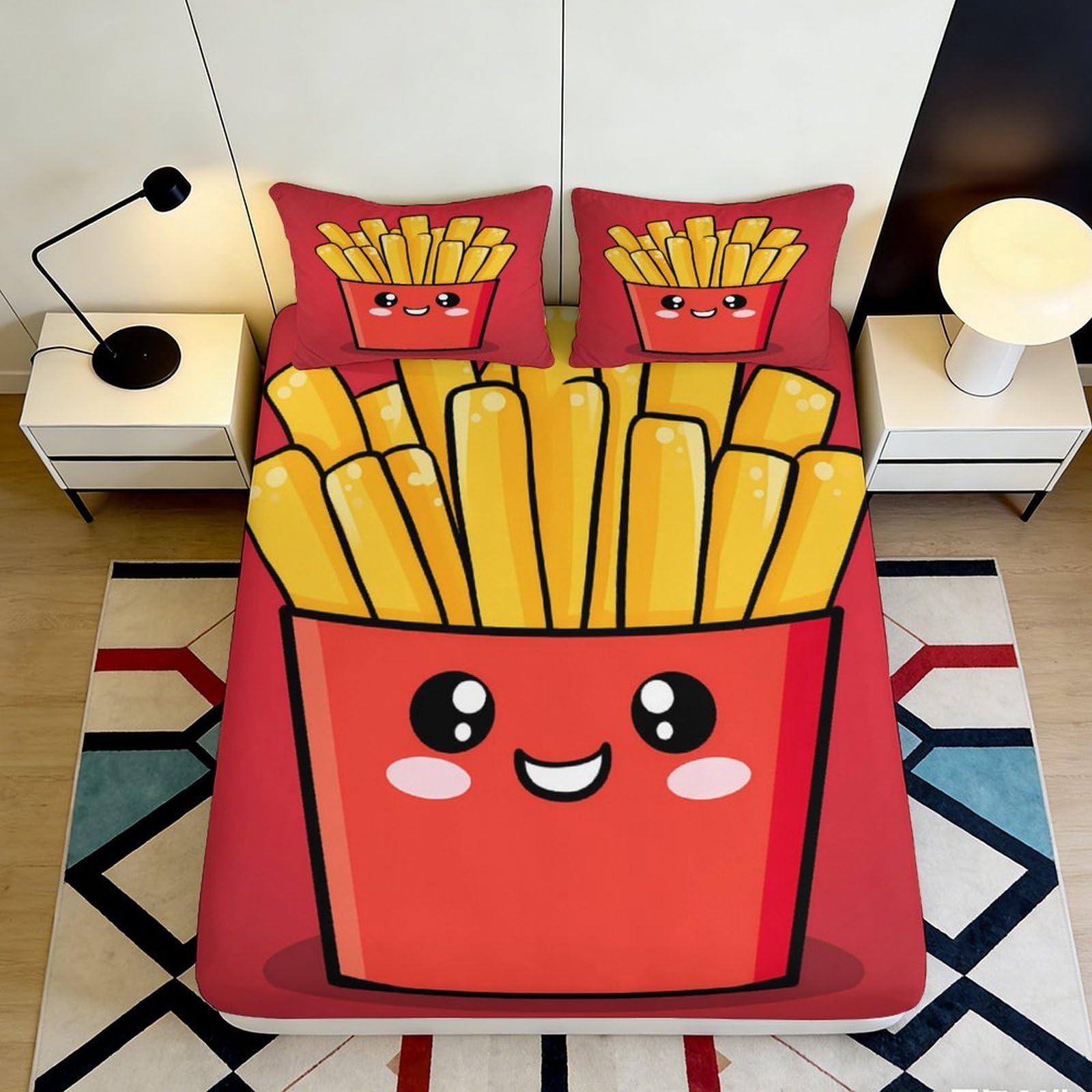 3D Printed Cartoon French Fries Fitted Sheet Microfiber Soft Non-Slip Kawaii Snack Bed Cover for Bedroom Dorm Mattress Protector 90x200x25cm