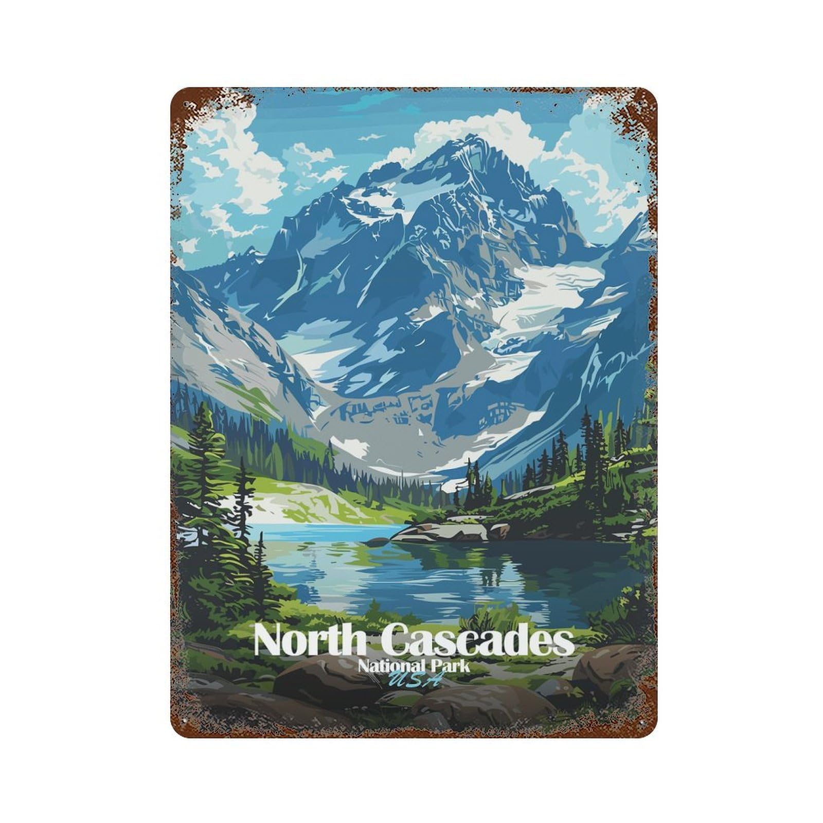 Decorative Tin Sign with North Cascades National Park Illustration Design 15.7"x11.8", for Garage, Bar And Workshop Decor, Decorative Metal Wall Art