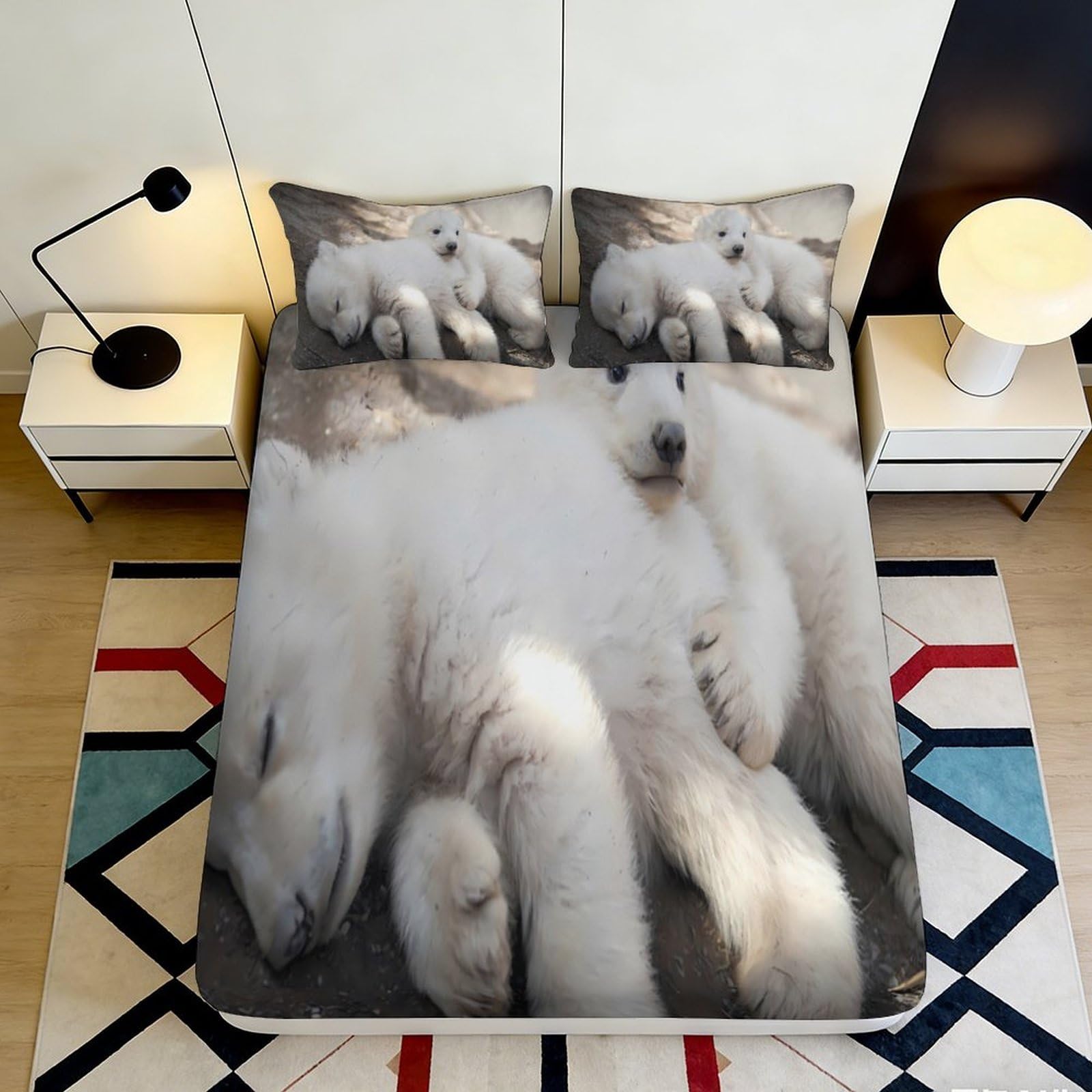 3D Printed Polar Bear Fitted Sheet Microfiber Soft Bed Cover for Bedroom Dorm Mattress Protection Decor 90x200x25cm