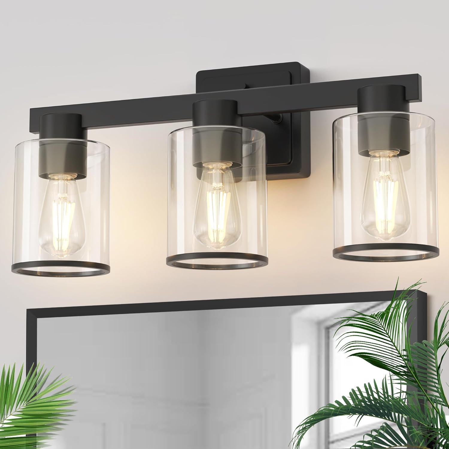 L LOHAS LED Black Bathroom Light Fixtures, 3 Lights Bathroom Vanity Light with Clear Glass Shade, Modern Vanity Lights for Living Room Hallway