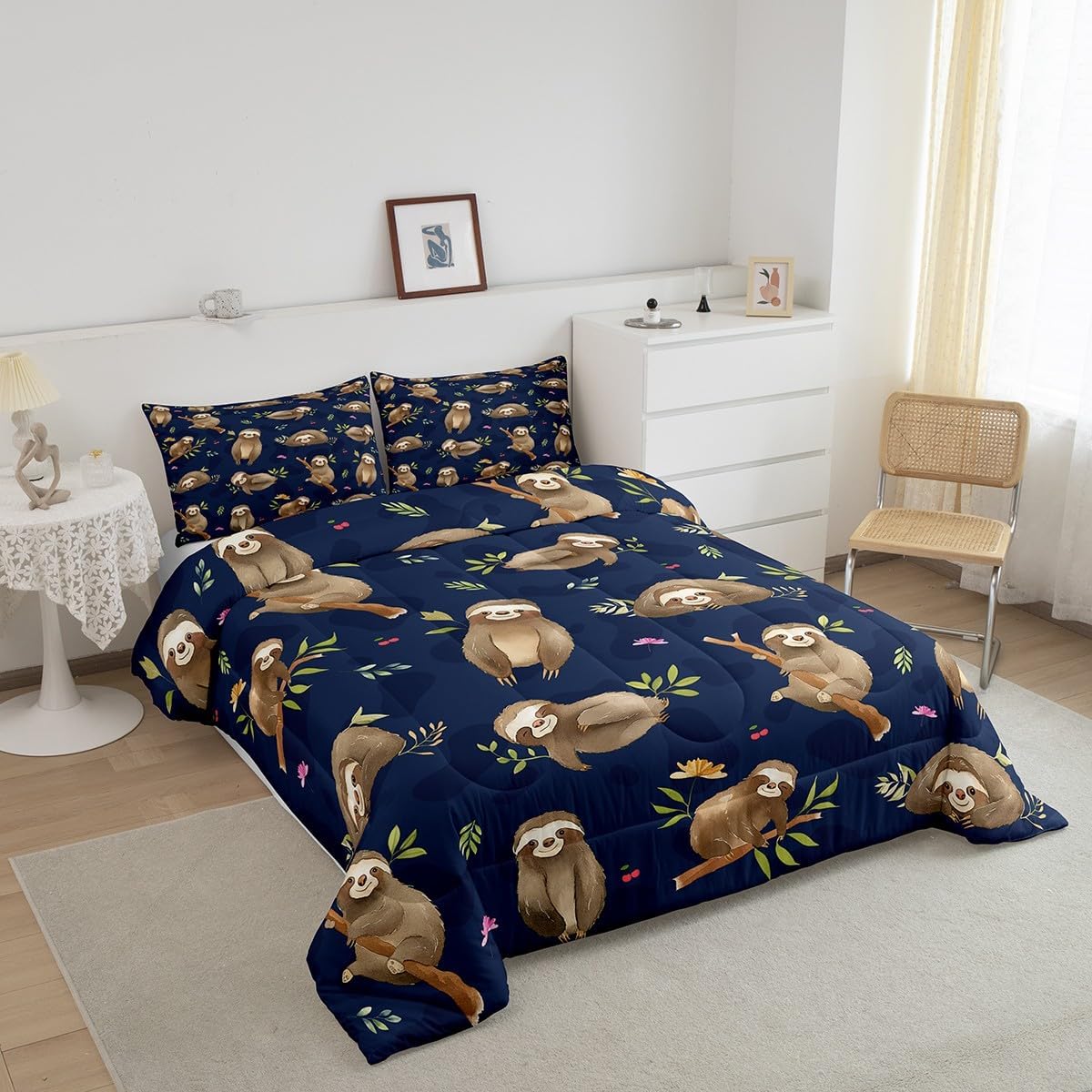 Feelyou Cute Sloth Comforter Queen Size Kawaii Animal Comforter Set for Toddler Boys Girls Children Cartoon Bedding Set Room Decor Tree Duvet Set 3Pcs