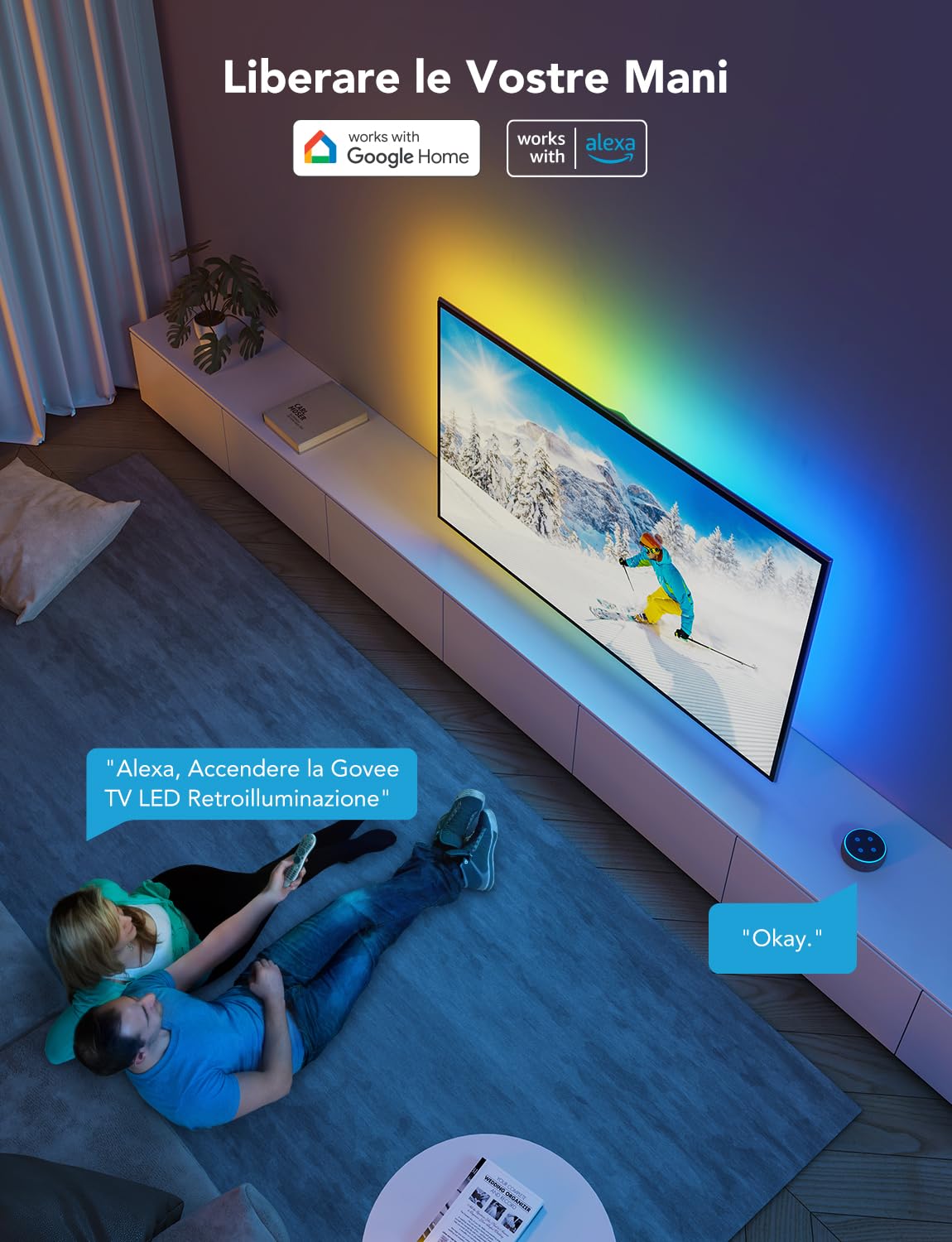 Govee TV LED Backlight 3,8m, RGBIC Striscia per TV 55-65 Pollici | Bluetooth e Wi-Fi, Alexa e Google Assistant, Sincronizzazione musicale, 219+ scene, Alimentatore incluso