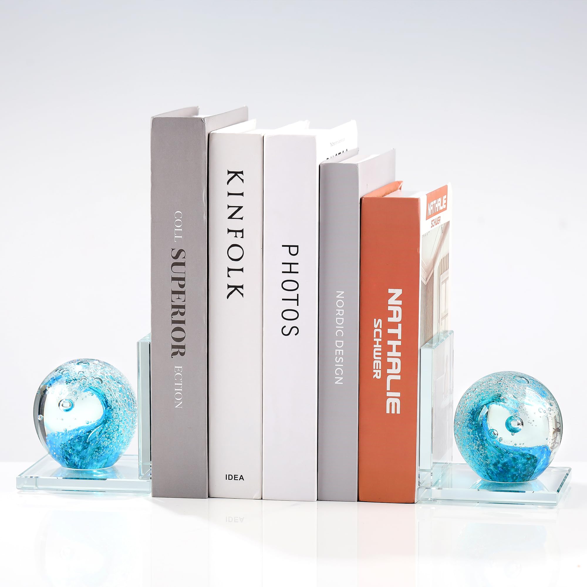 Buchstützen aus Glas mit türkiser, mundgeblasener Meereswelle, 2 Stück | Buchstützen für Regale, dekorativ, cool, Kristall, nautisch, Ozean, schwer, Küstenbuchstützen, moderne Buchstützen