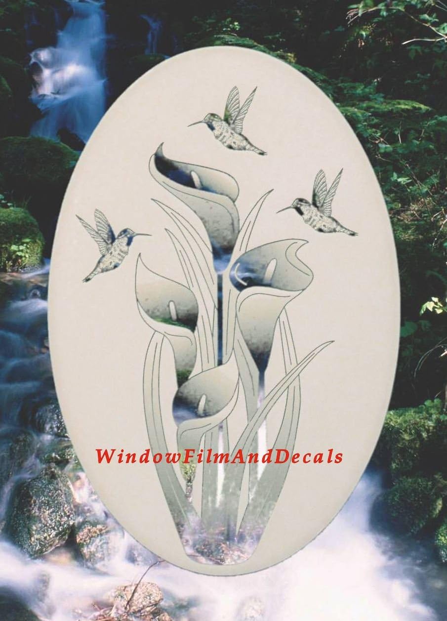 Lily & Hummingbirds Oval Etched Window Decal Vinyl Glass Cling - 21" x 33" - White with Clear Design Elements