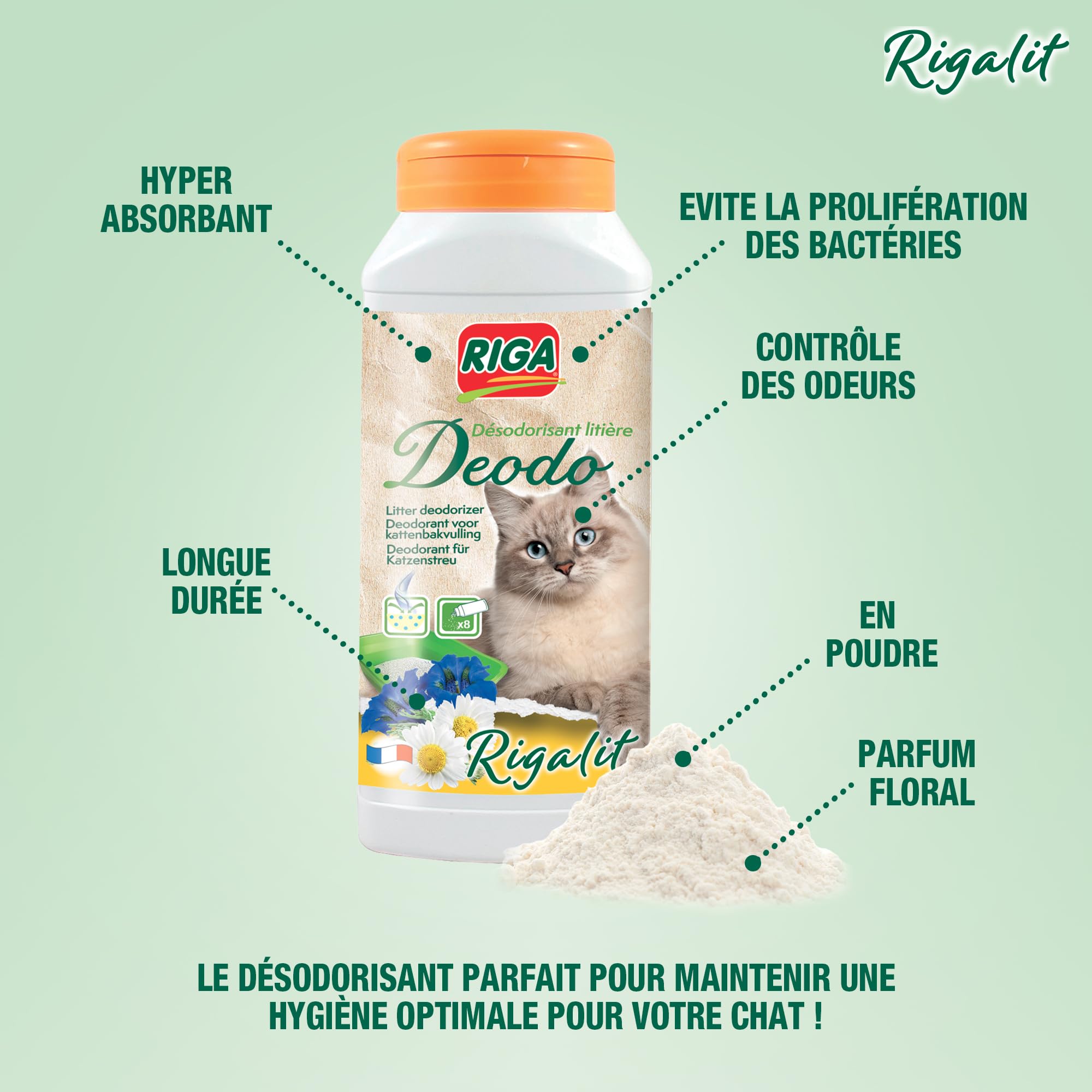 RIGA - Rigalit Déodo - Désodorisant Litière Chat - Parfum Floral - Neutralise Odeurs Et Bactéries - Prolonge Durée De La Litière - Rafraichit L'Atmosphère - 750g