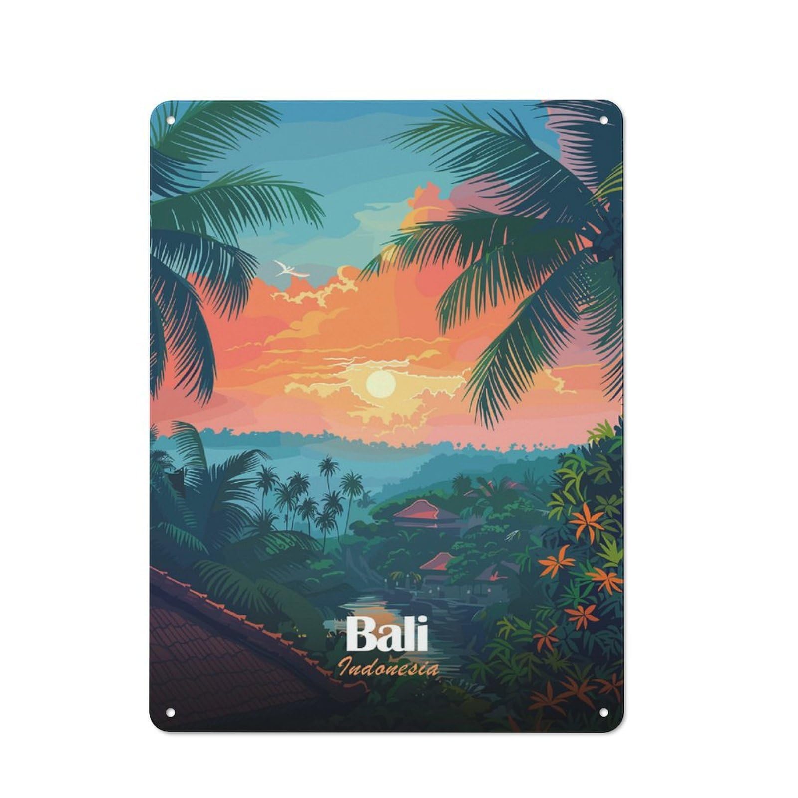Junmoney Style-2 Bali Indonesia Tropical Landscape Illustration Rustic Tin Wall Plaque 40X30cm For Hobby Room Or Studio, A Christmas Gift For People Styling Hobby Room And Studio