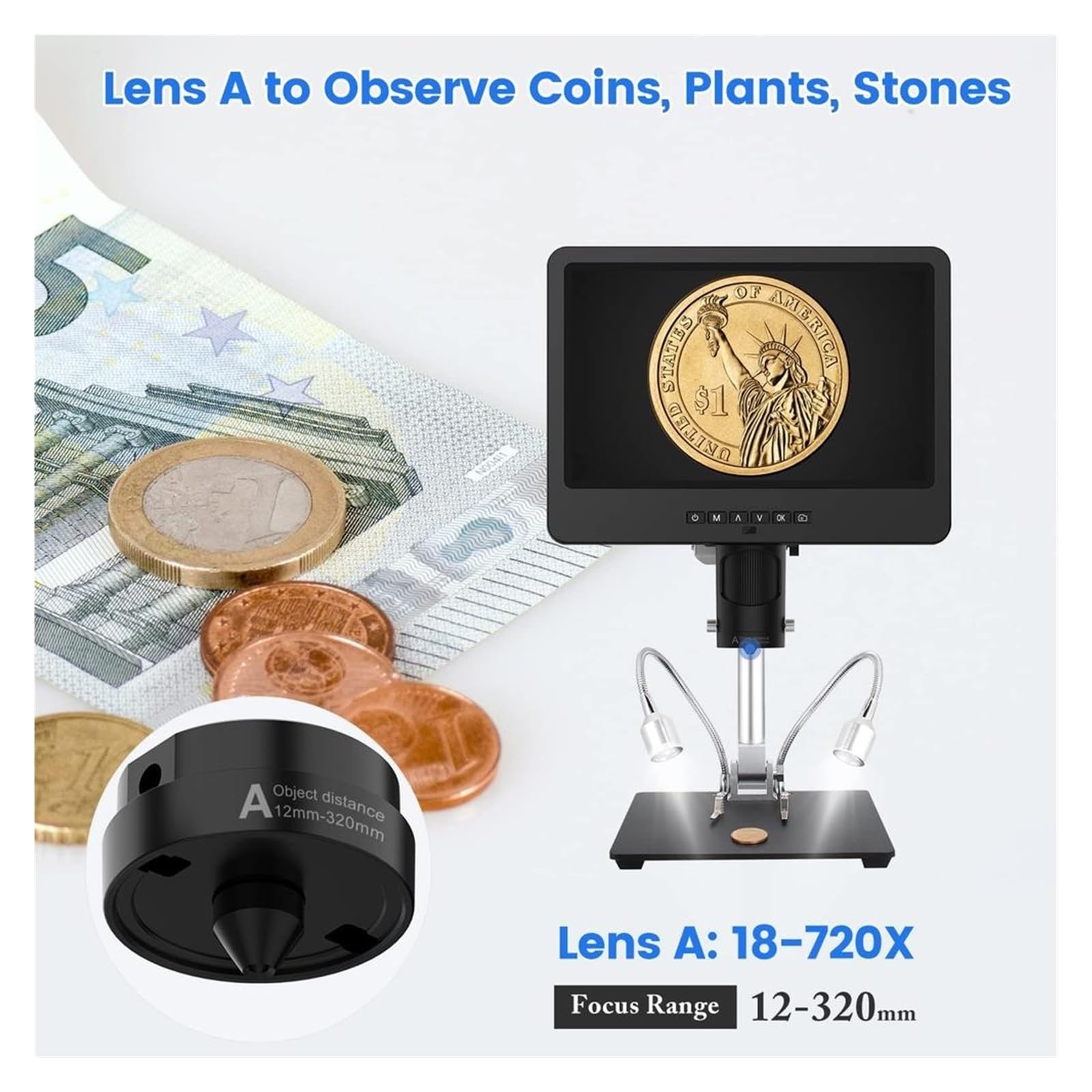 3 Lens 10.1" LCD Digital Microscope 2000x 24MP Soldering Metal Stand Adjustable Vertical Horizontal Observation