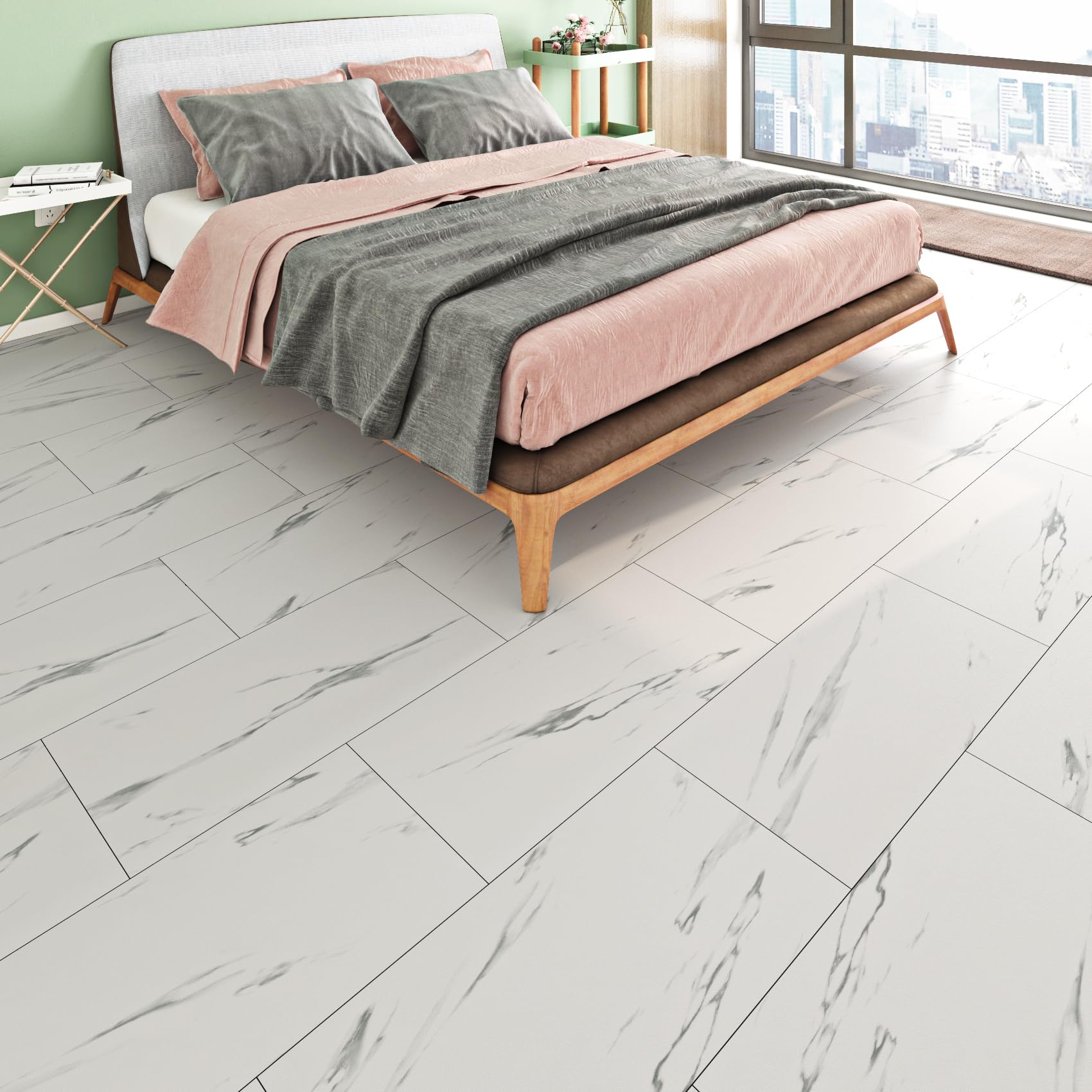 FunStick Samoprzylepna podłoga PCV Marble Look White 30×60CM 5 sztuk Płytki samoprzylepne Łazienka Płytki podłogowe Naklejki Kuchnia Winylowe płytki podłogowe Samoprzylepne marmurowe podłogi