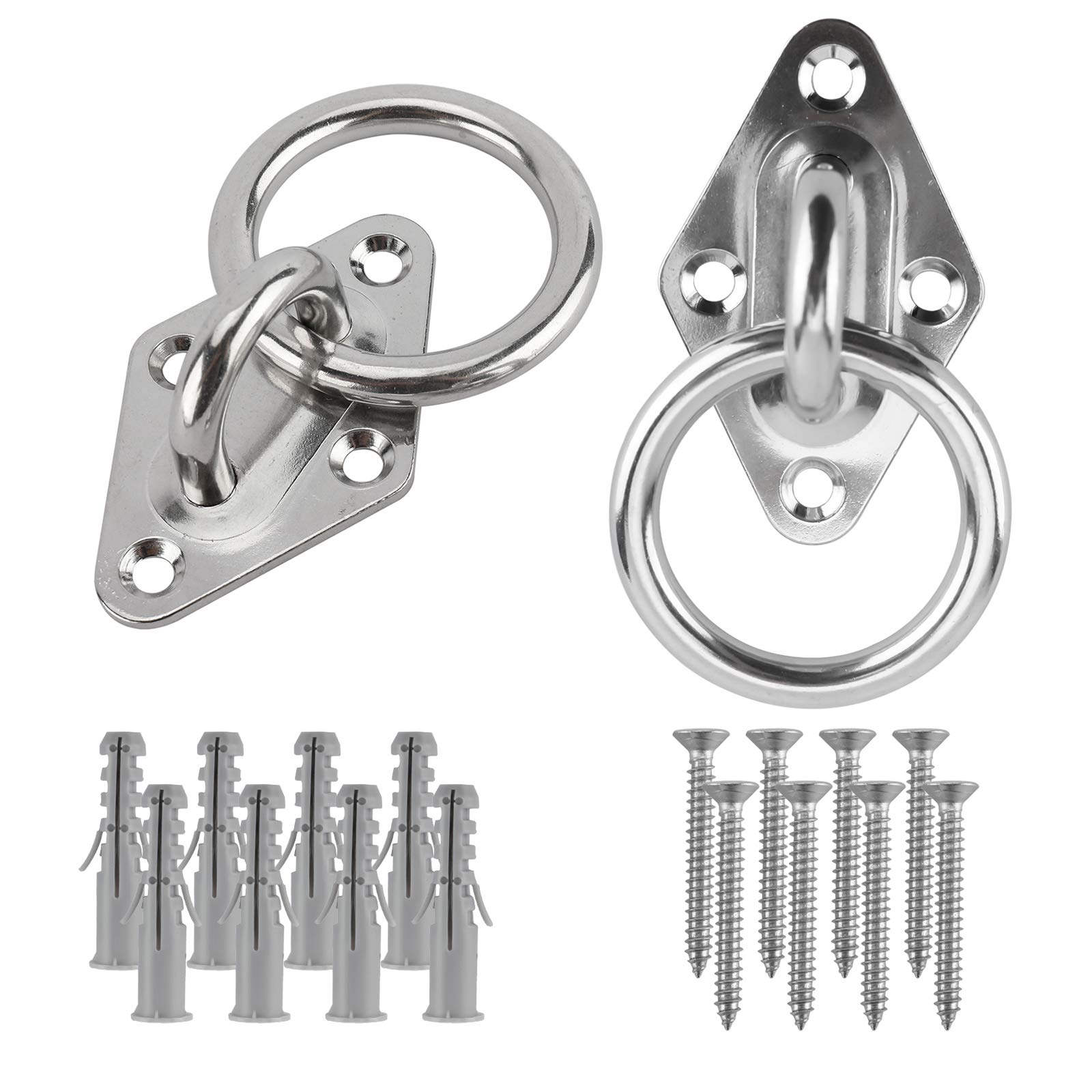 Artilife Set of 2 Heavy Duty Stainles Steel Diamond Pad Eye Plate, 8mm Heavy Duty Anchor with Ring for Wall, Ceiling Mount, with Screws