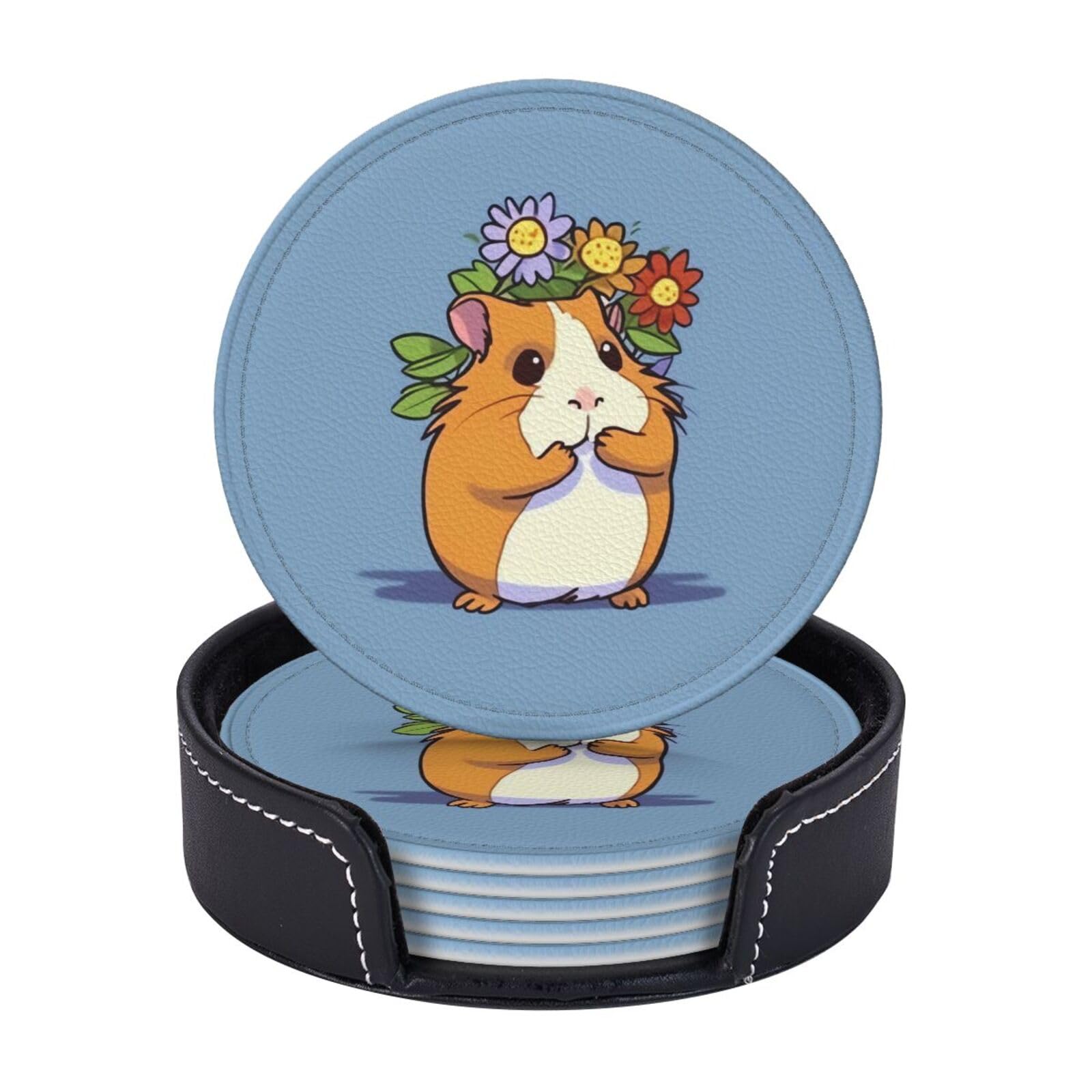 Round Coasters for Drinks Set of 6 - PU Leather Coasters with Holder - Modern Drink Coasters for Coffee Table - Smiling Coaster for Tabletop Protection 4" Cup Mat Pad