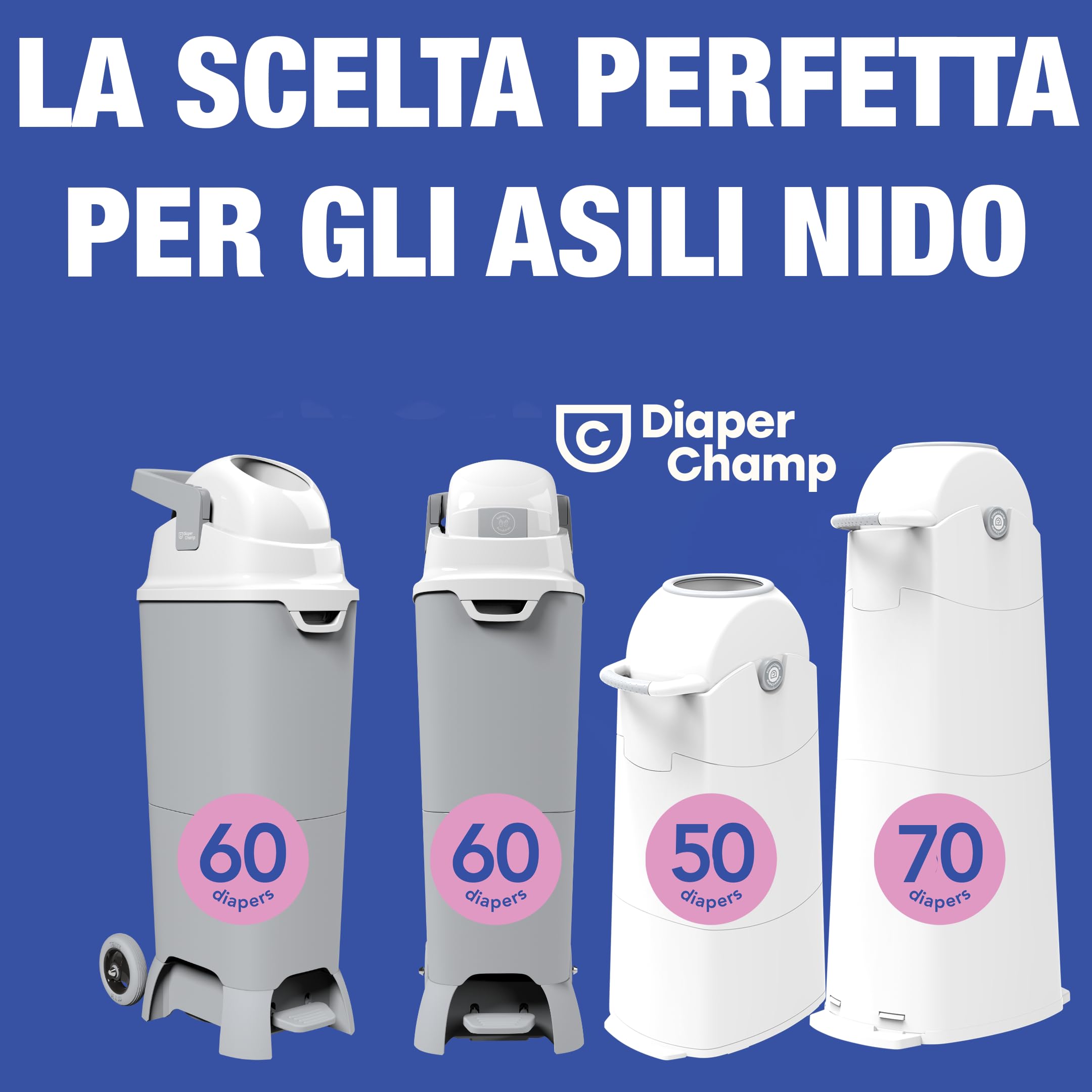 DIAPER CHAMP Maxi Handsfree plus - Mangiapannolini inodore - A mani libere - Grande capacità - 60 pannolini - con ruote - Usa sacchetti normali - Ideale per asili nido, scuole materne.