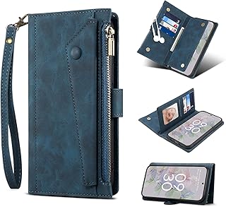 JGY Google Pixel 6A Zipper Leather Wallet Case for Woman Man, Pixel 6A Case Wallet with 8 Card Slots Kickstand Wrist Strap Magnetic Closure Full Cover Flip Wallet (Pixel 6A, Blue)