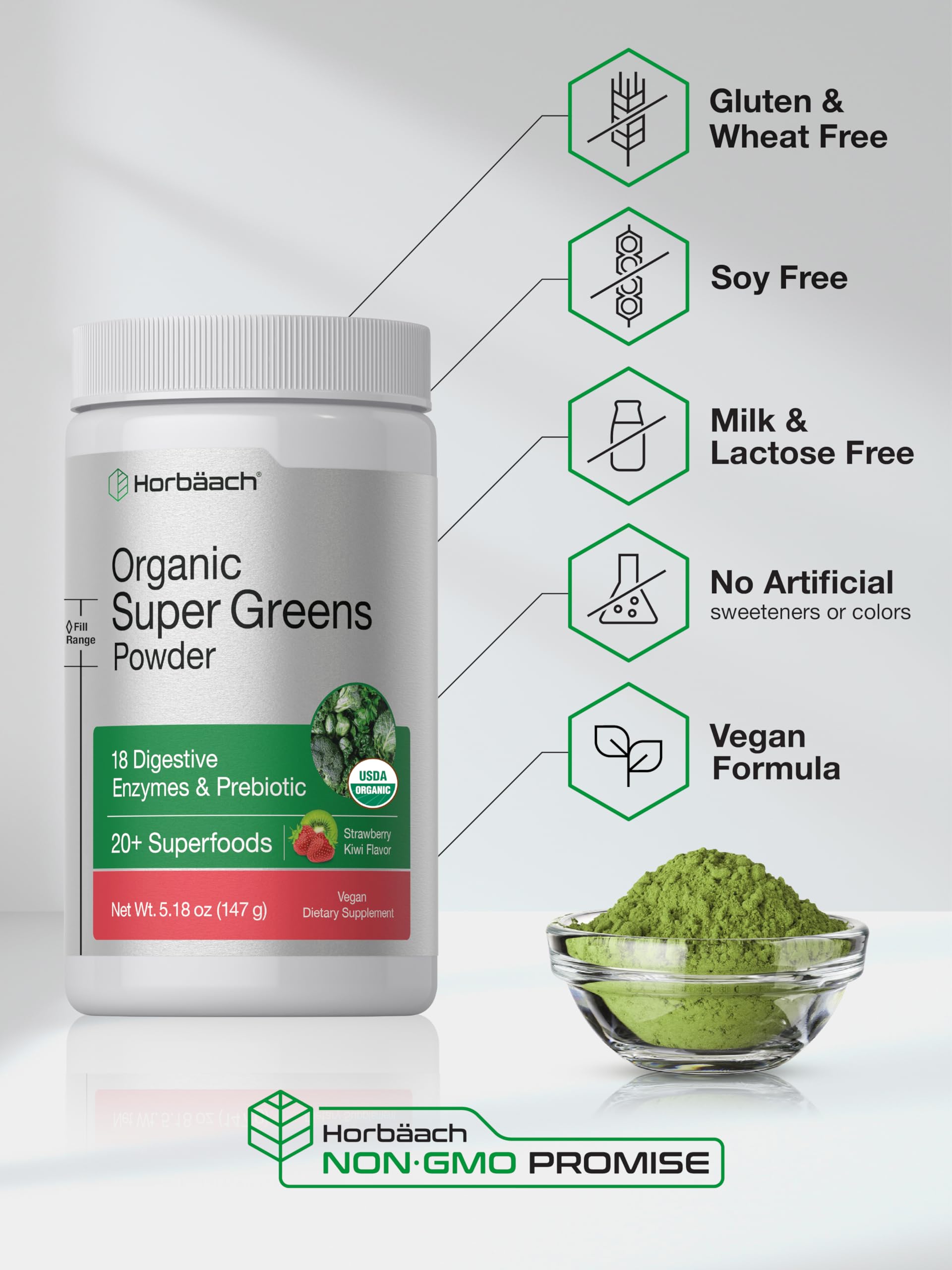 Horbäach Organic Greens Powder | 5.18 oz | 20+ Superfoods & Prebiotics — Amazon image 5