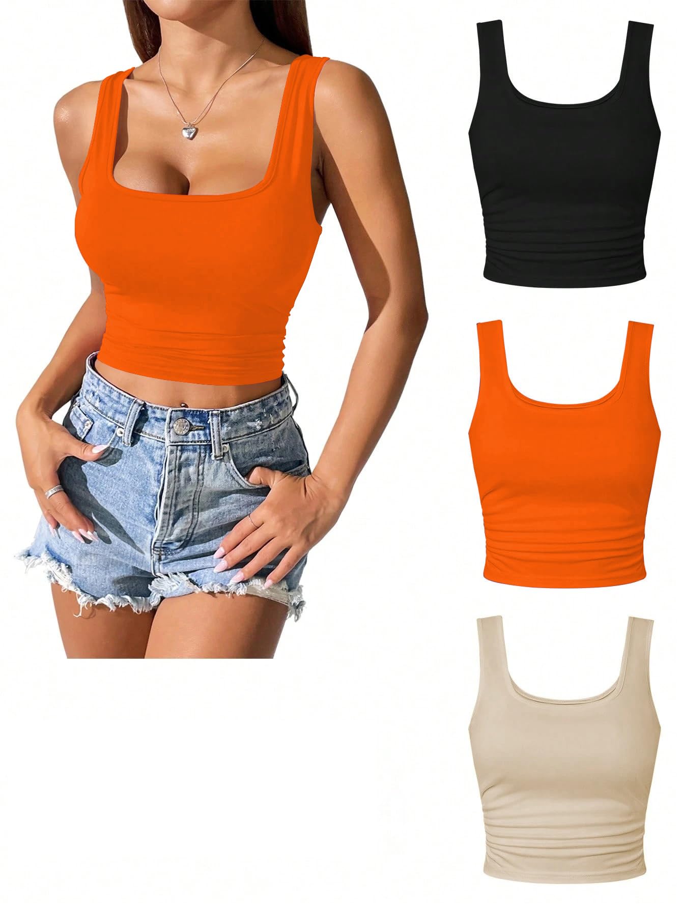 Toochki Top da donna crop top per donna canotta activewear t-shirt sport casual scollo quadrato canotta in cotone confezione da 3