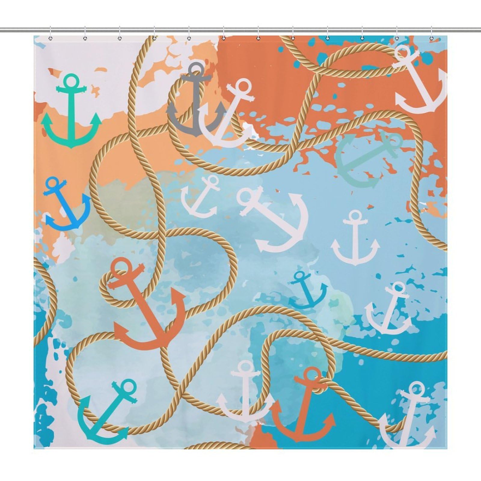 BenYaSong Nautical Anchors Shower Curtain, Nautical Textured Ornamental Marine Colorful Summer Polyester Waterproof Cloth Bathroom Curtain with 12 Hooks 55x72Inch（140x183cm）