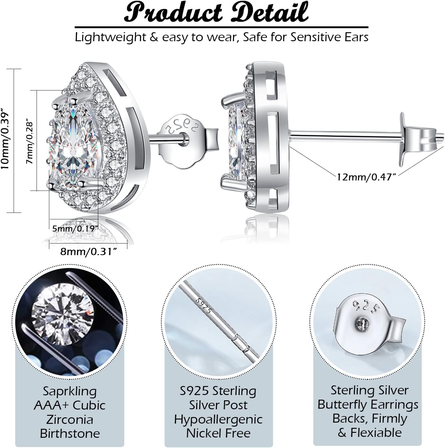 Silver Birthstone Teardrop Stud Earrings for Women, Faux Diamond Halo Bridal Earrings | 925 Sterling Silver Post Cubic Zirconia Studs Jewelry for Birthday Christmas Wedding Gifts - Image 3