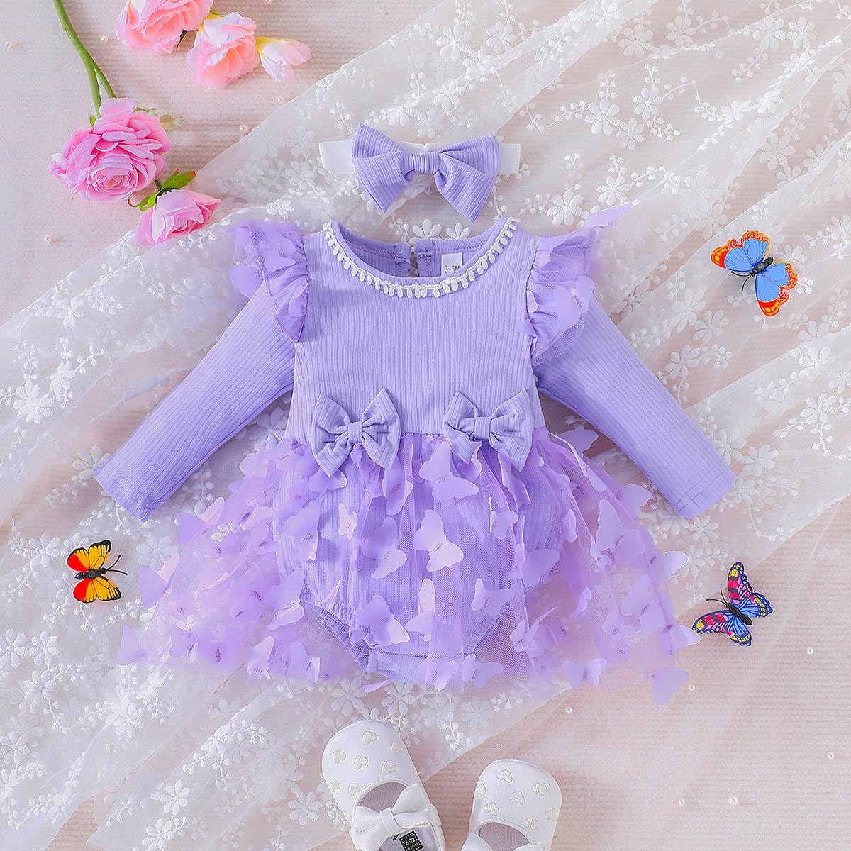 IDOPIP Baby Girls Butterfly Tutu Dress Ruffle Long Sleeve Romper with Butterfly Tutu Skirt and Bowknot Headband 2PCS Infant Girls 1st Birthday Outfit Winter Fall Dress Clothes Purple 3-6 Months