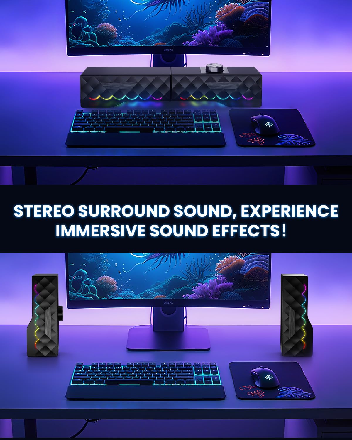 Haut-parleurs pour PC stéréo - Haut-parleur amovible avec LED RVB pour jeux dynamiques et frais - Soundbar avec câble USB pour tablette, téléphone portable, ordinateur portable, MP3/MP4