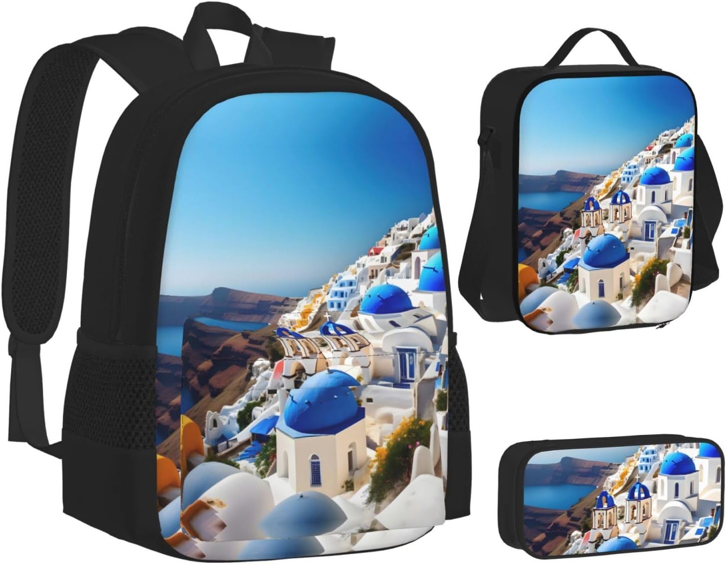 Santorini Greek Island Sea View Backpack With Lunch Box 3 In 1 Set With Pencil Case, Large Capacity Backpack With Chest Strap