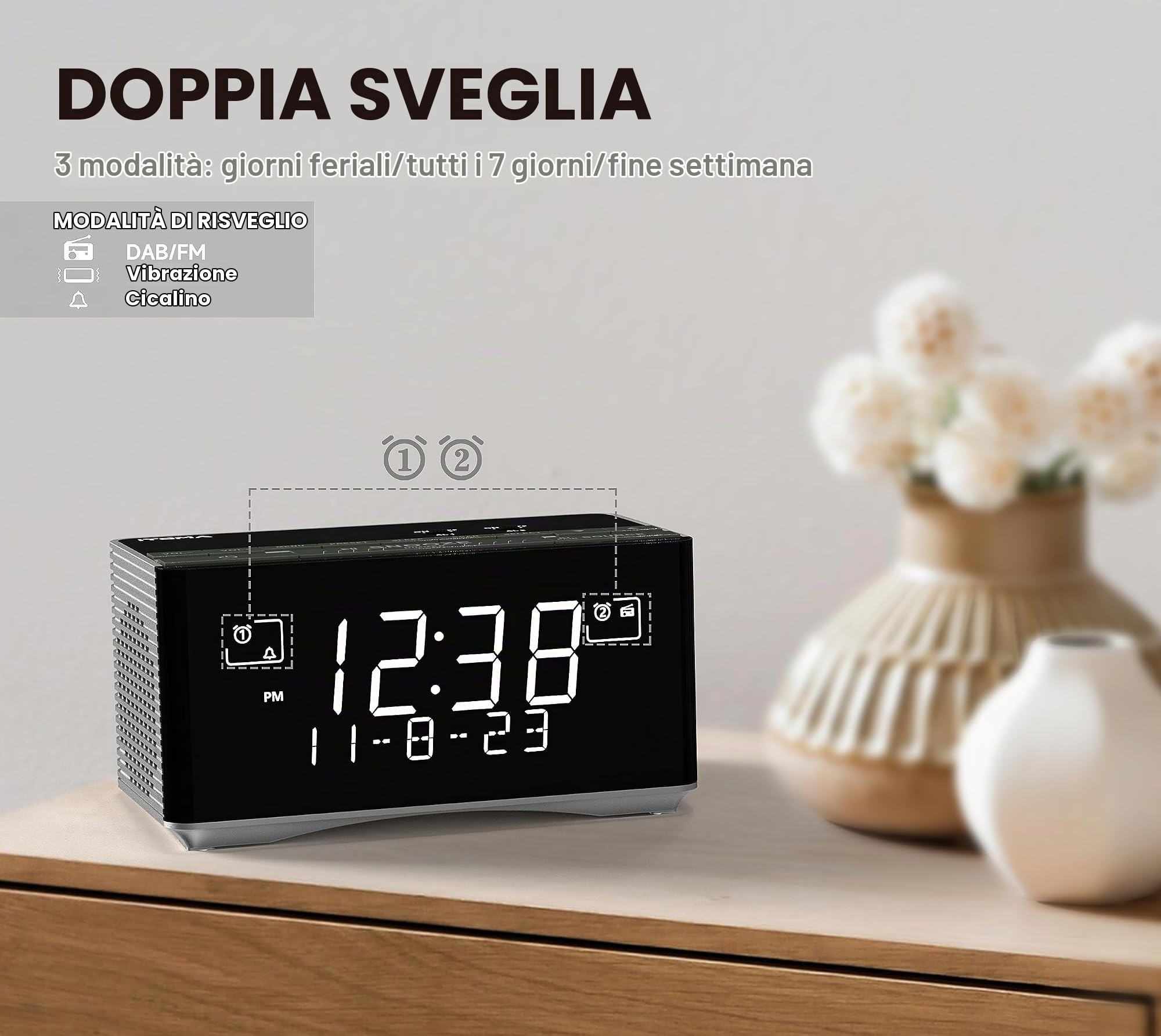 iTOMA Radiosveglia FM e DAB con Porta di Ricarica USB, Altoparlante Stereo Bluetooth, Jack Per Cuffie, Doppio Allarme, Snooze, Display LCD Oscurabile 3501
