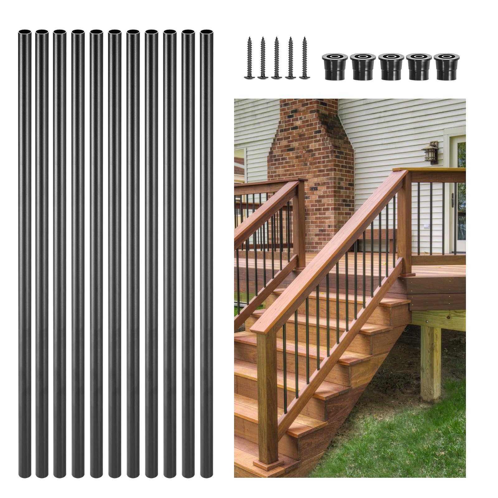 VEVOR Balaustres de Escalera de Aluminio 66 cm Barandilla de Metal Redonda 51 Piezas Barandilla Hueca para Terraza con Tapas de Riel y Tornillos para Escaleras, Porches, Patios, Balcón, Negro