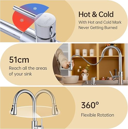 Miniatura 4 de DAYONE Grifo de cocina cromado con dispensador de jabón y extraíble, grifo de acero inoxidable para fregadero de cocina, 3 modos de agua, cromo