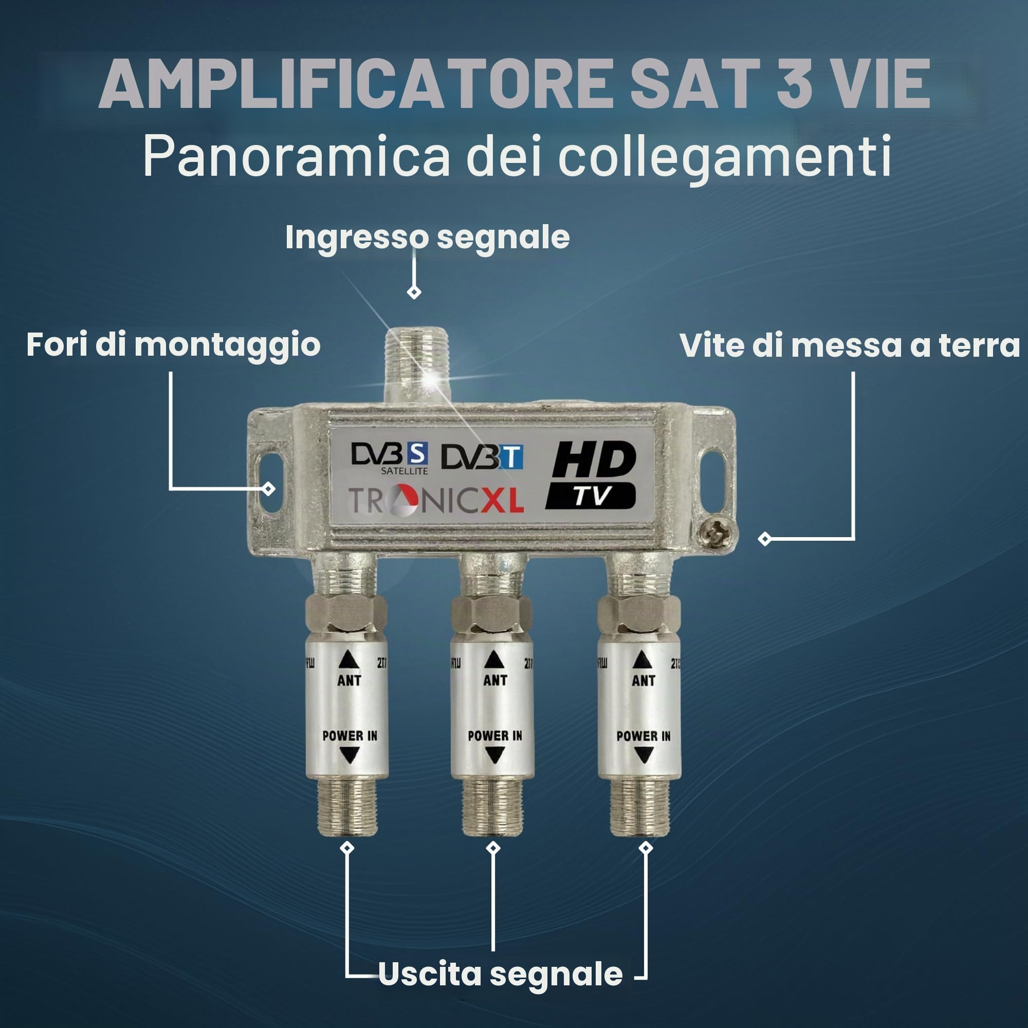 TronicXL Splitter satellitare 3x 60dB Amplificatore I Distributore Antenna Morbido DVB-S2 DVB-T2 Morbido con amplificatore antenna per amplificatore di segnale 3D 4K HDTV per una buona ricezione