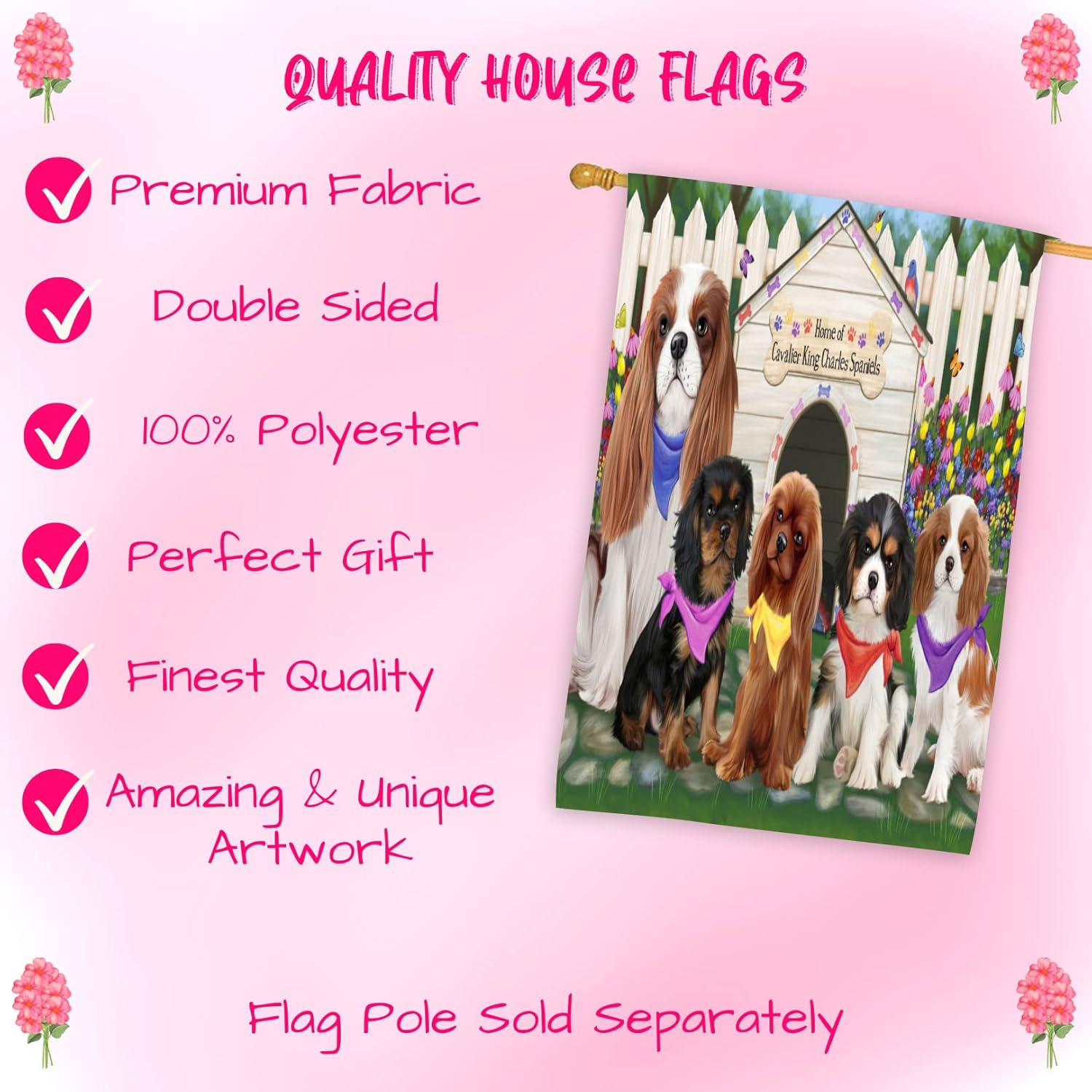 Spring House Cavalier King Charles Spaniel Dogs House Flag - Outdoor Double Sided Pet Portrait Weather Resistant Premium Quality Home Decorative Flags - 100% Polyester 29"w x 43"h
