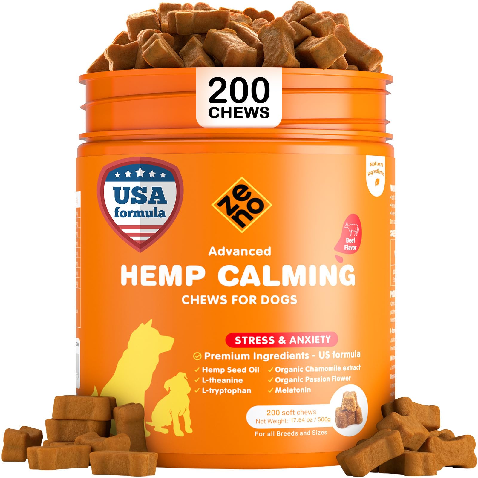 ZENO Hemp Calming Chews for Dogs Anxiety 200 pcs - Beef Flavored
