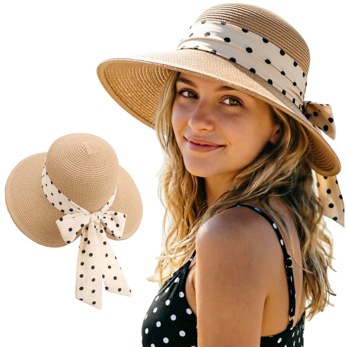 DRESHOW Sun Hats for Women Travel Fedora Foldable Beach Sun Hat Summer Wide Brim Straw Bucket Hat with Bowknot UPF 50+