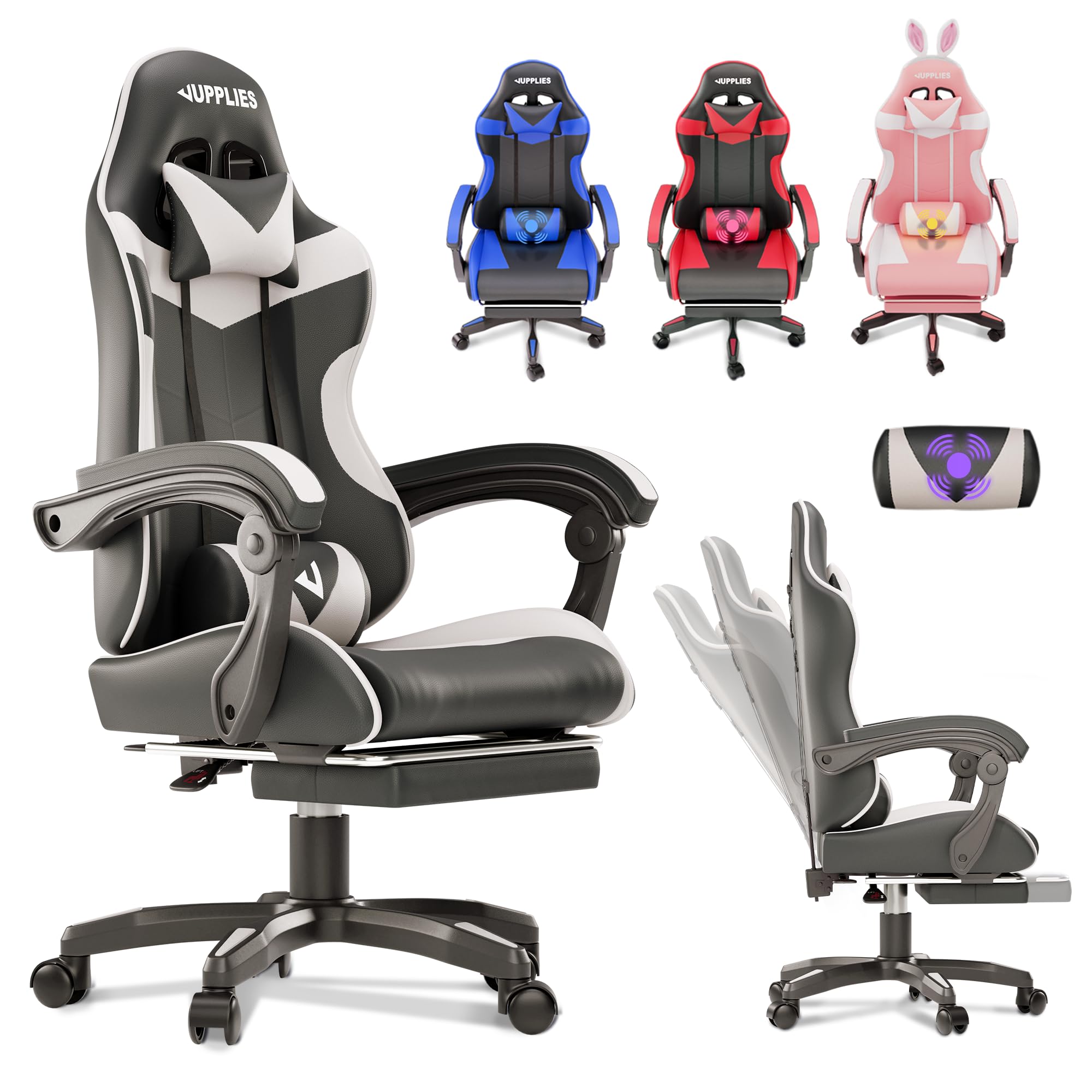 JUPPLIES Silla Gaming Profesional con Masajeador - Silla de Oficina Ergonómica con Reposapiés, Altura Regulable y Respaldo Abatible - Silla Gamer para Juegos