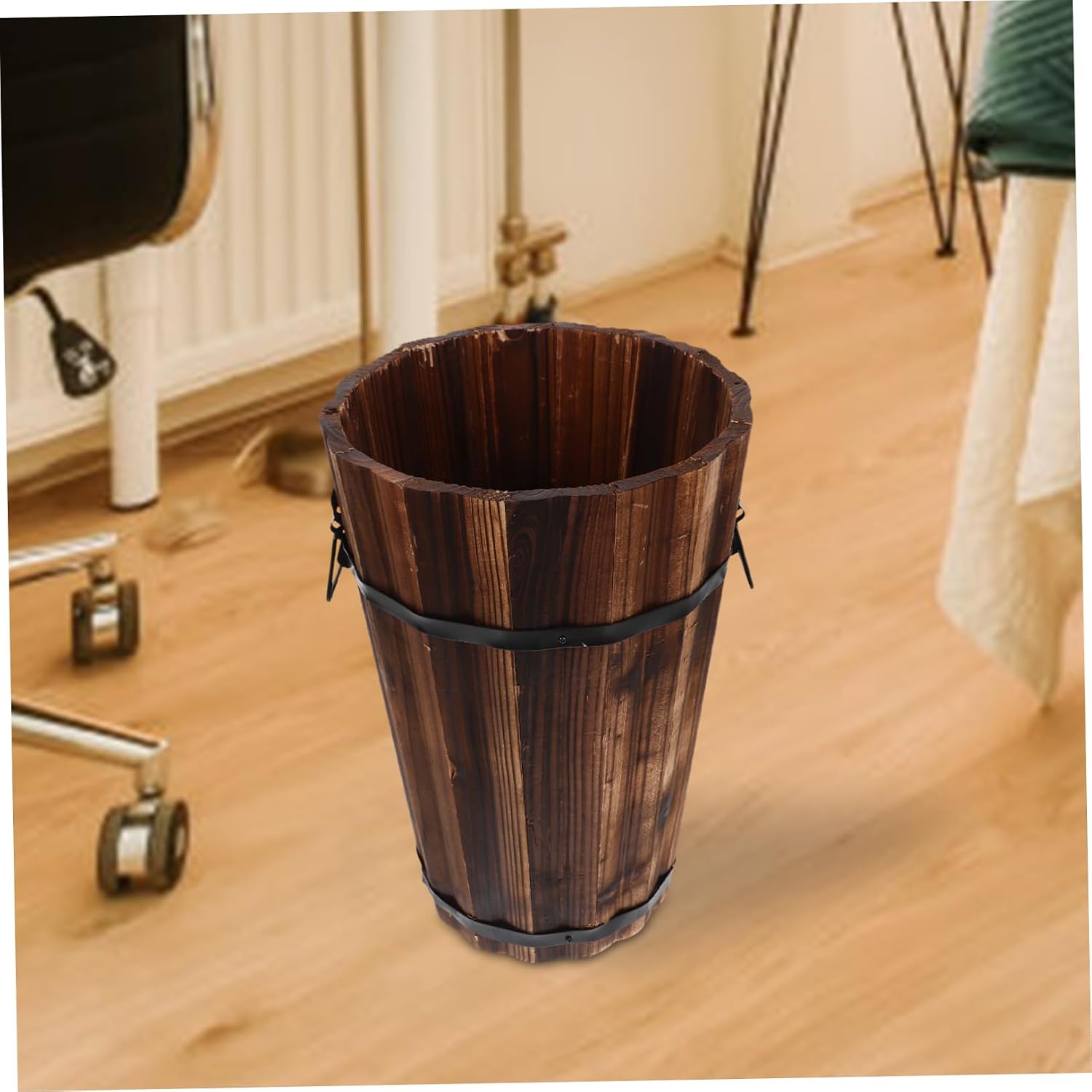 Small Wooden Waste Basket with Handle Lightweight Portable Trash Can for Bathroom Bedroom Office Spacious Storage Bin for Home Organization Rustic Farmhouse Style