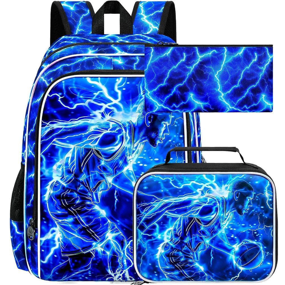 17" Basketball Backpack for Boy, 3Pcs Lightning Bookbag for Elementary Preschool Kindergarten, Kids School Backpacks with Lunch Box (Blue)