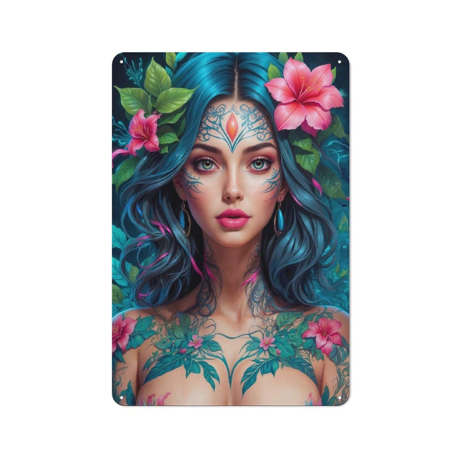 Junmoney Style-23 Tin Wall Plaque 30X20cm With Floral Anime Portrait For Workshop Wall, Housewarming Wall Decor For People Furnishing Workshop