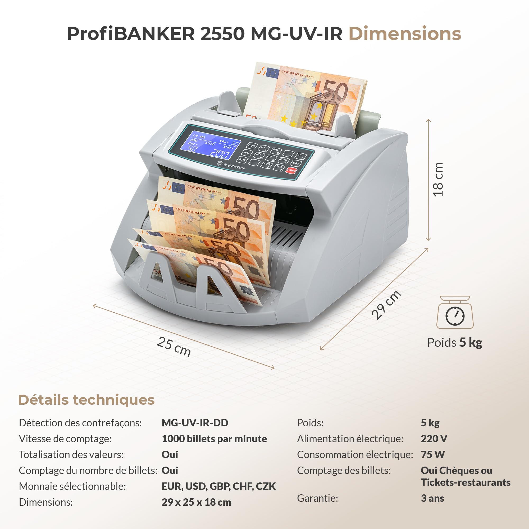 2550 banconote per offrire conteggio dei biglietti e totalizzazione dei valori - Contatore biglietti con rilevamento banconote false su MG-UV-IR