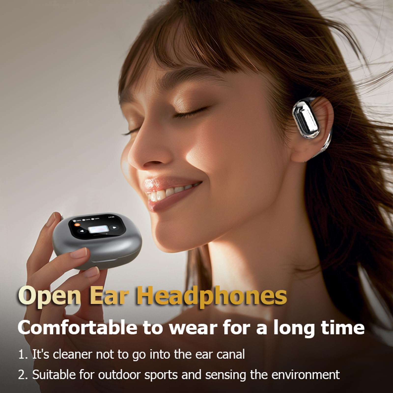 Touchscreen LCD aperto sopra l'orecchio conduzione ossea auricolari auricolari Bluetooth wireless con custodia touch screen e ganci per le orecchie che non vanno nell'orecchio