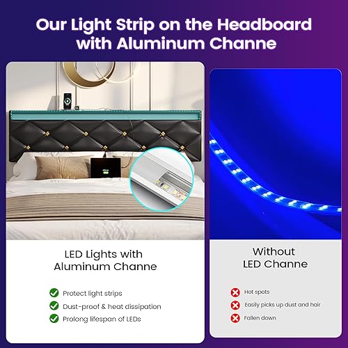 Miniatura 6 de Hasuit Base de cama flotante King con luces LED y estación de carga, plataforma moderna tamaño King con cabecera tapizada de cuero vegano, no