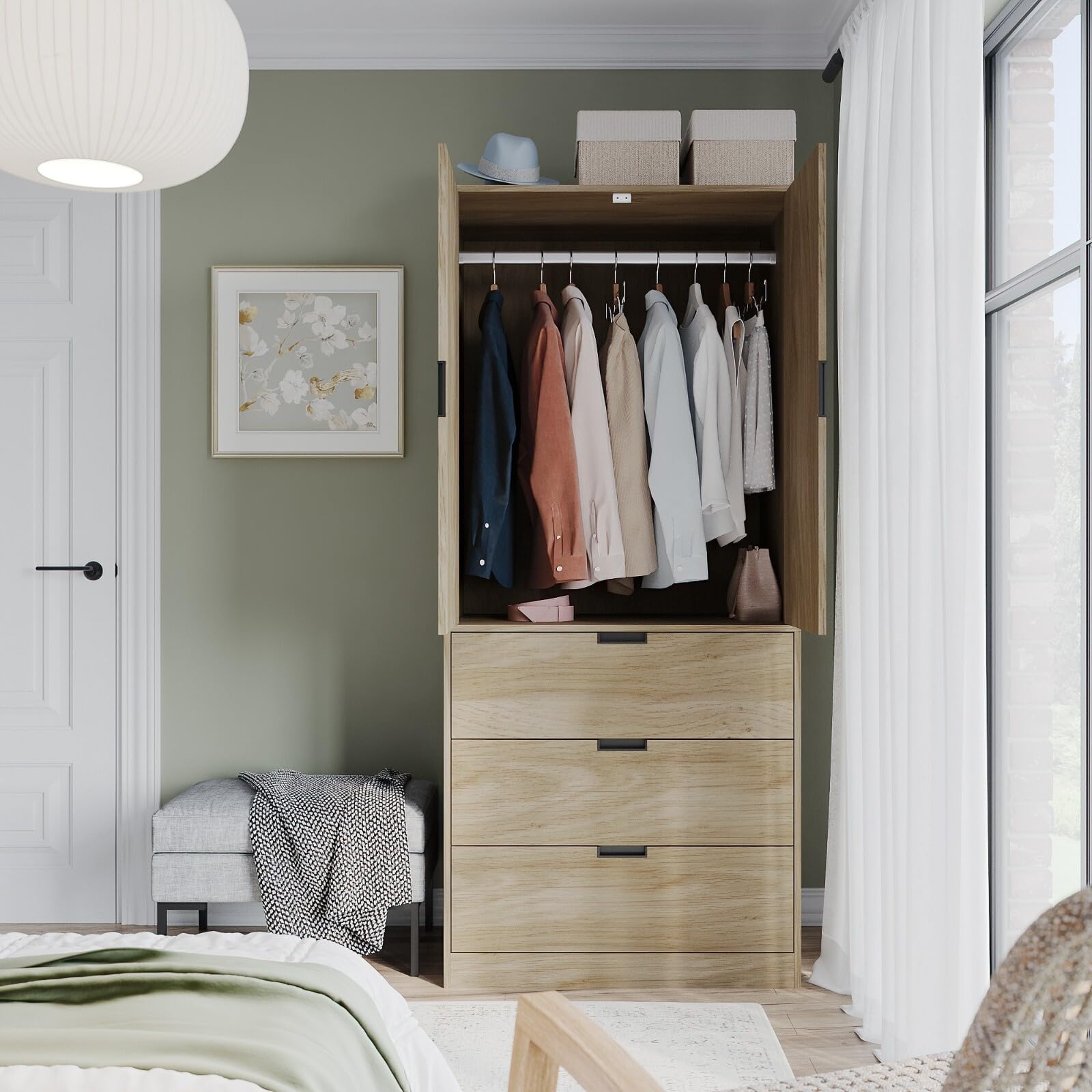 URBNLIVING Modern 2 Door Wardrobe with 3 Drawers & Hanging Rail, Stylish Freestanding Storage, Spacious Interior - Image 5