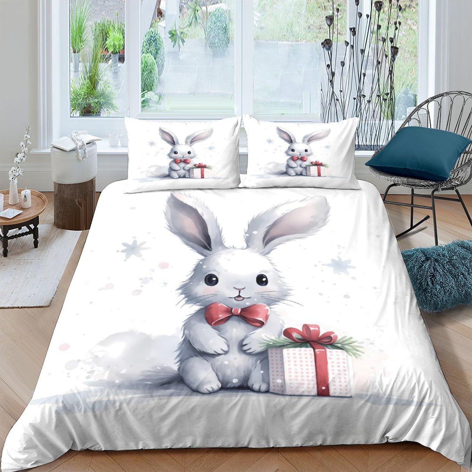 TUFRTGYHN 3D Printed White Bunny Gift Duvet Cover Set Microfiber Soft Breathable with Cute Rabbit Present Quilt Cover for Bedroom Decor, 2 Pillowcases Included Single（135x200cm）
