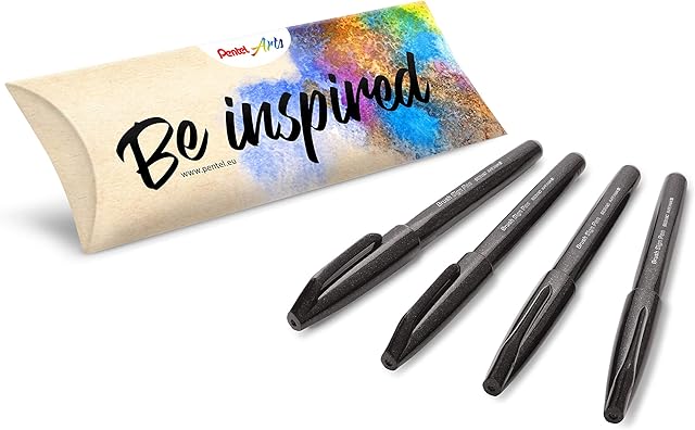 Pentel Arts Brush Sign Pen SES15C, Brush Pen, Black, Pack of 4
