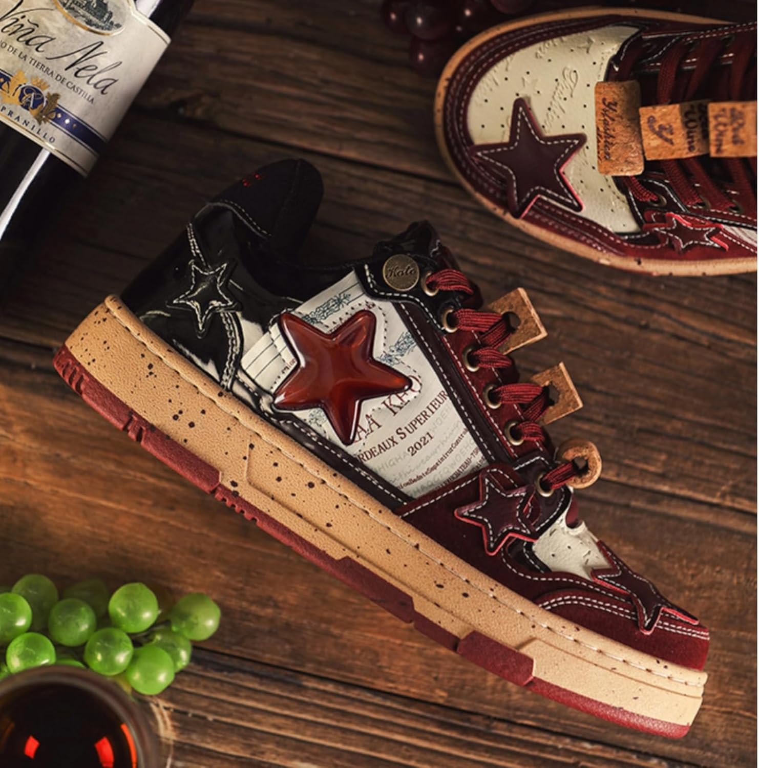 Burgundy Star Print Fashion Chunky Sneakers for Women Trendy Casual Aesthetic Skateboard Walking Dance Shoes - Image 4