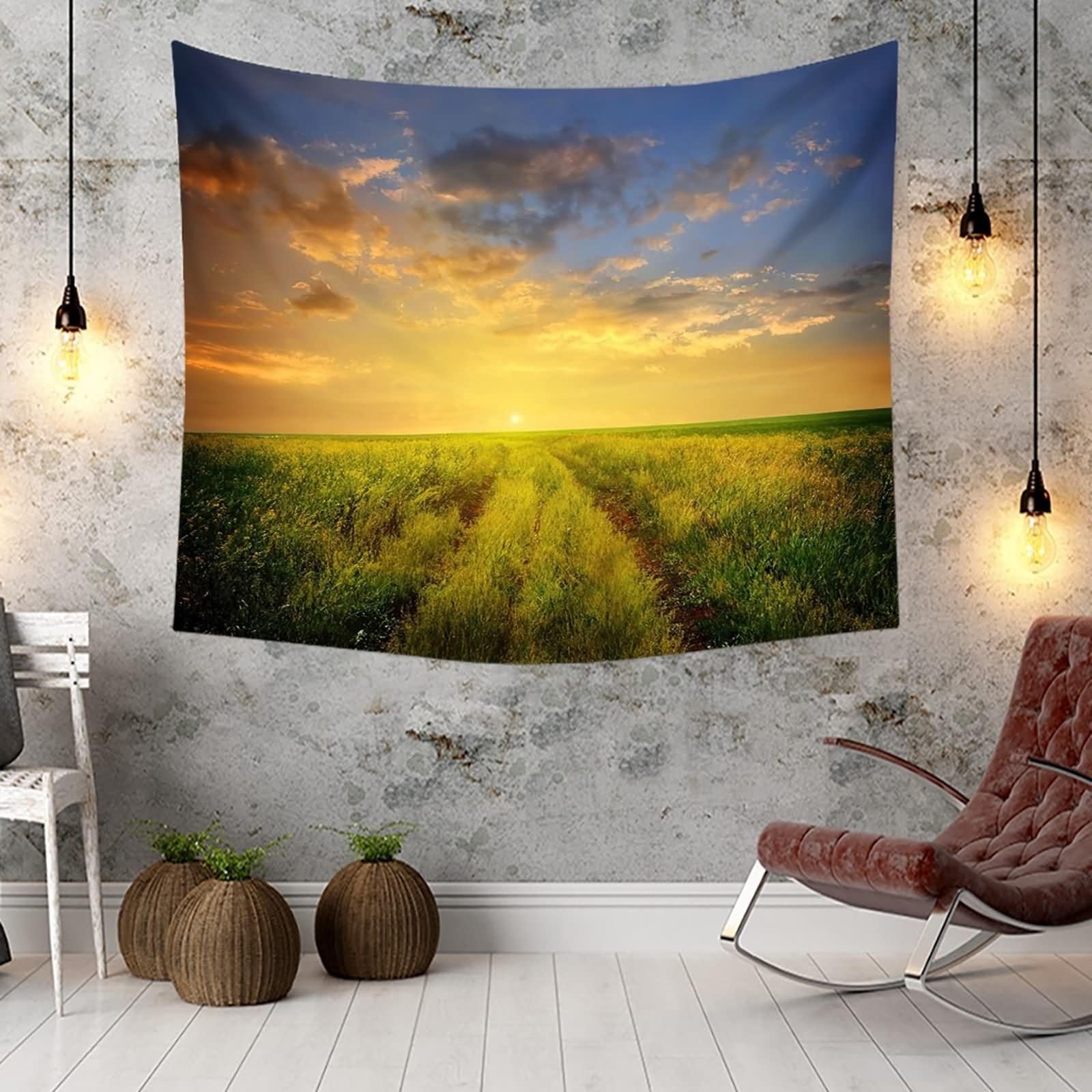 Homxi Tapiz Decorativo Sofá 260 x 240 CM,Paisaje de Césped y Atardecer Poliester Tapices de Pared Dormitorio Amarillo Verde