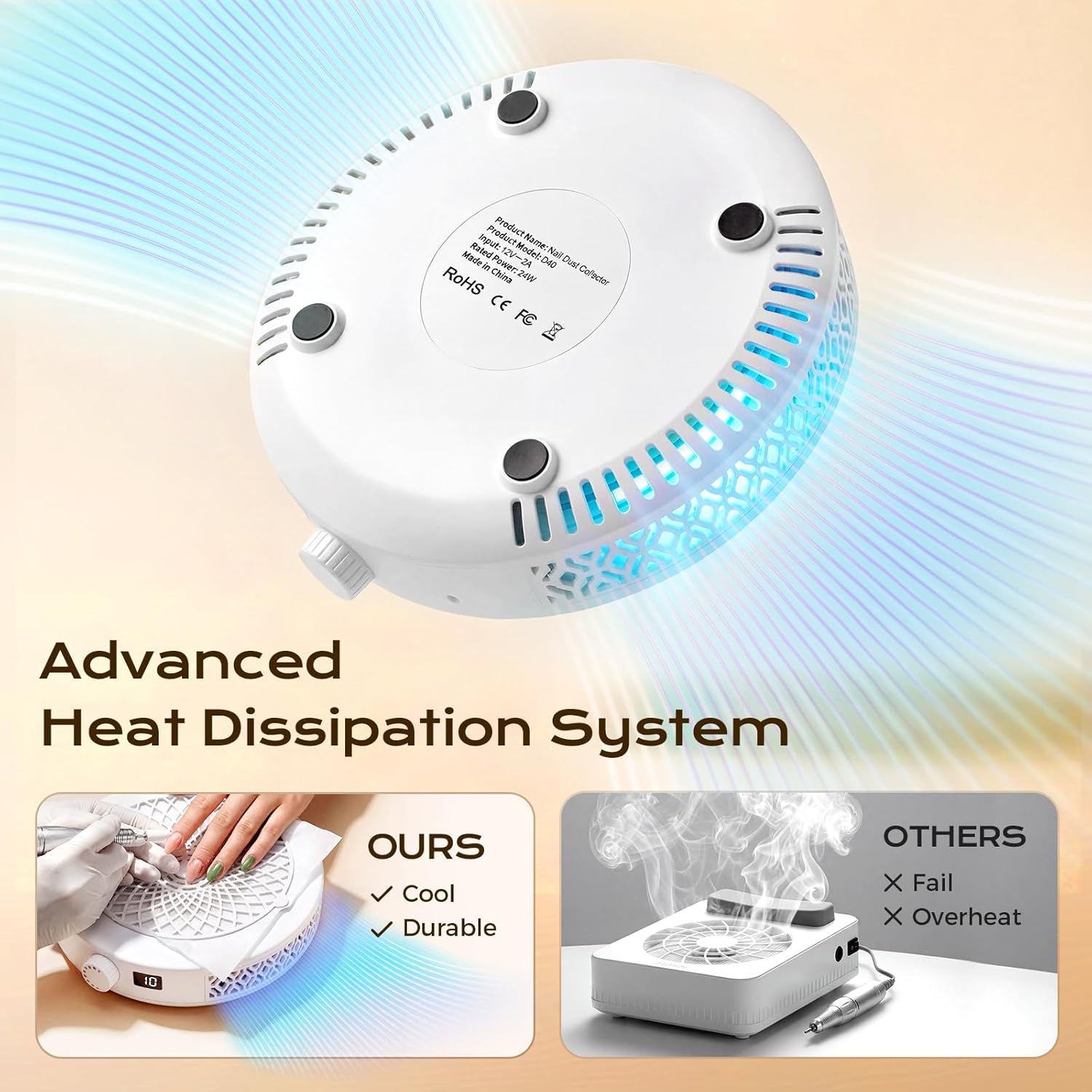 Nail Dust Collector, 5000RPM Powerful Dust Collector Nail Tech with 10 Speed Levels, Professional Nails Vacuum Fan Extractor with 30 Filter Papers for Acrylic Nails Polishing, Manicure Salon Home