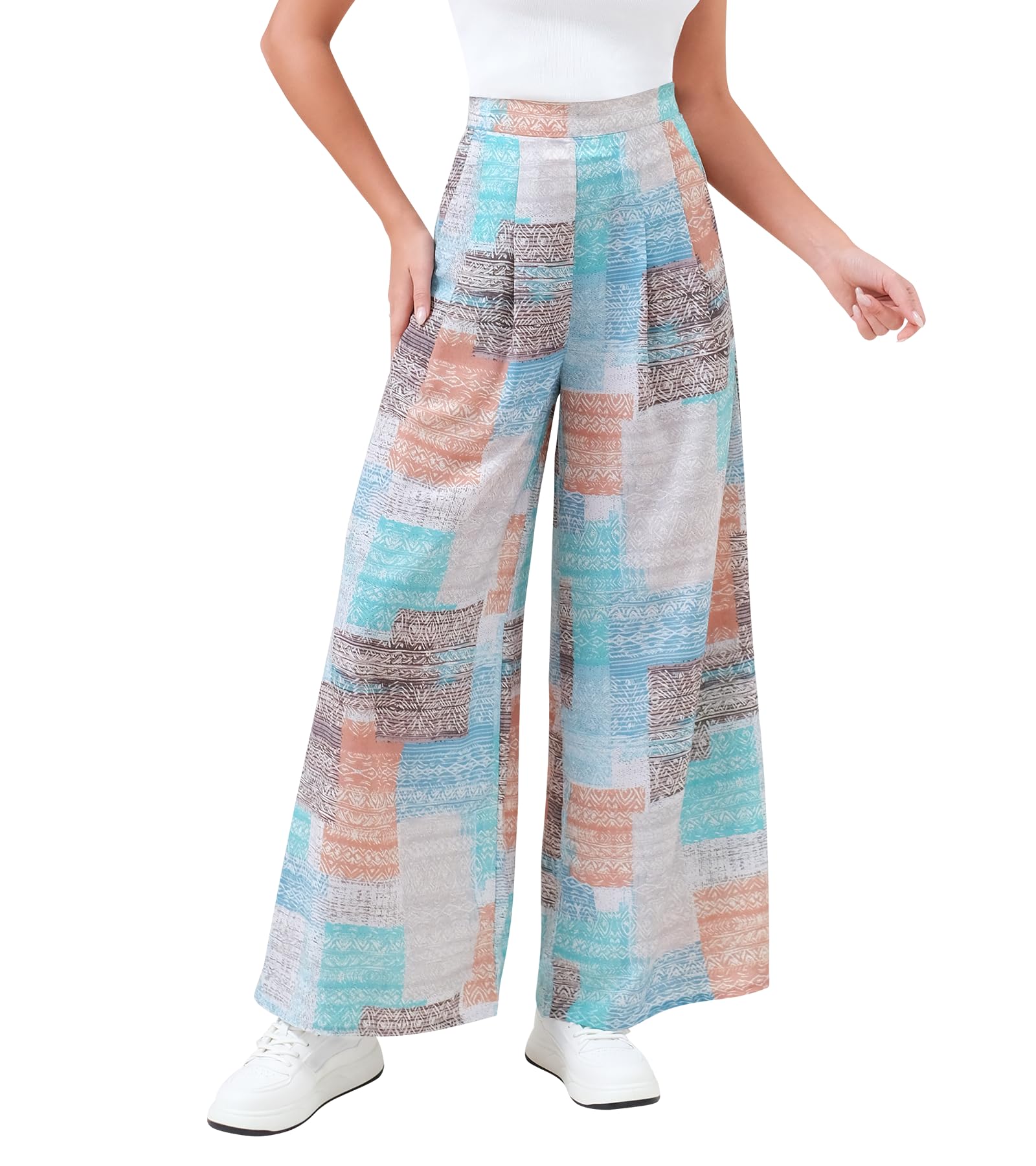 Palazzo Pants for Women Wide Leg High Waist Flowy Dressy Casual Boho Trousers with Pockets Blue White XX-Large