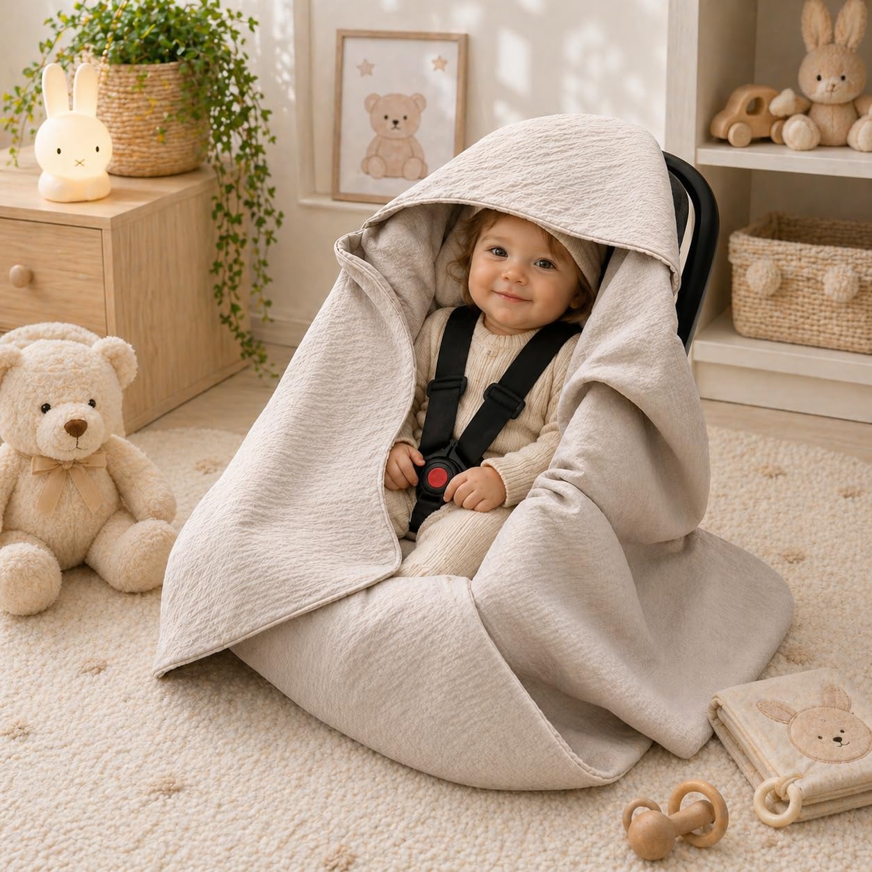 Musselin Einschlagdecke Babydecke 90x90 cm für Babyschale – leichte & dünne Sommerdecke atmungsaktiv, für Kinderwagen und Autositz, für Neugeborene & Kleinkinder, aus Musselin, Oeko-Tex - Sand
