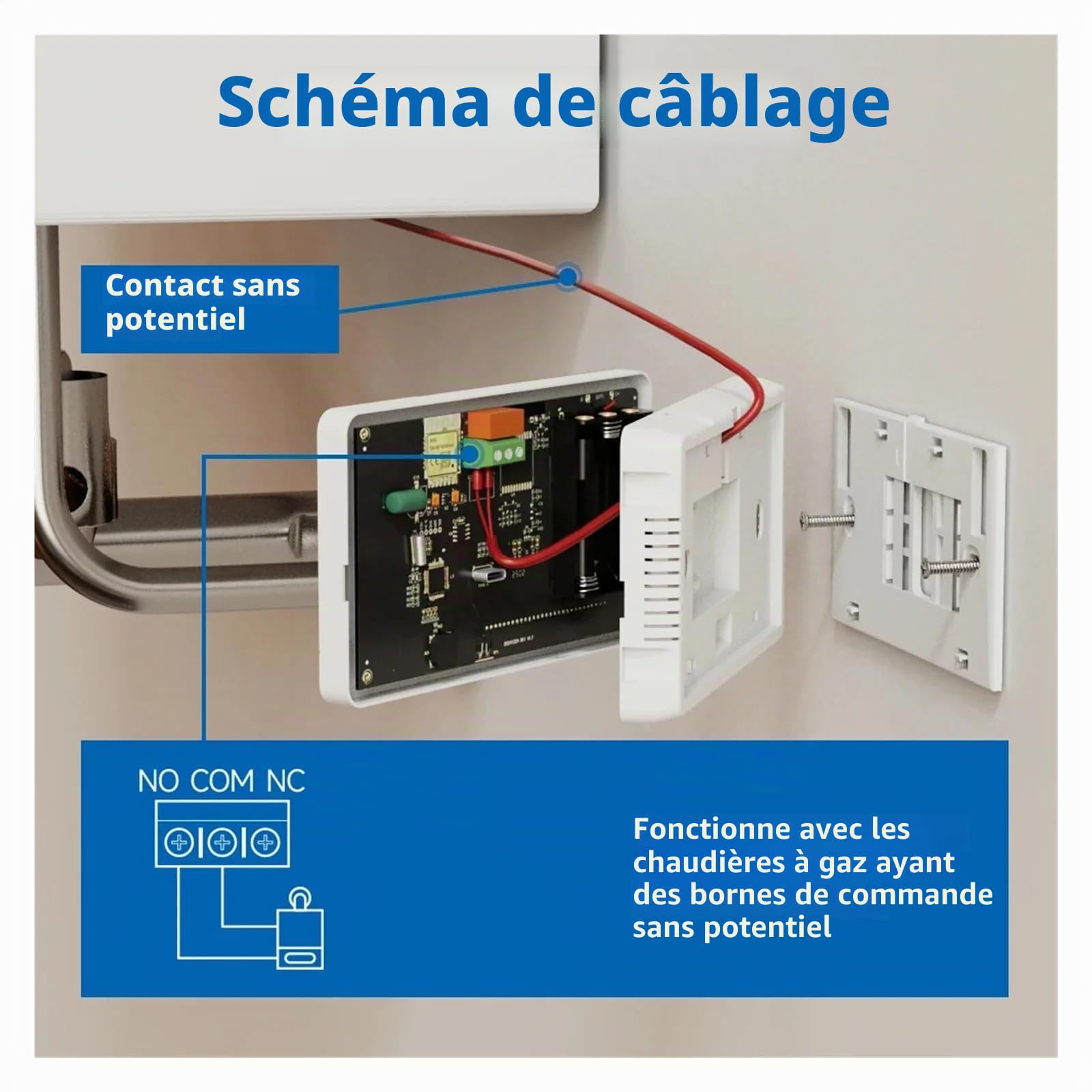 Thermostat WIFI à batterie ou avec câble Type-c pour chaudière à gaz, thermostat d'ambiance programmable 2 fils mural, fonction hiver/été, thermostat hebdomadaire numérique (sans batteries)