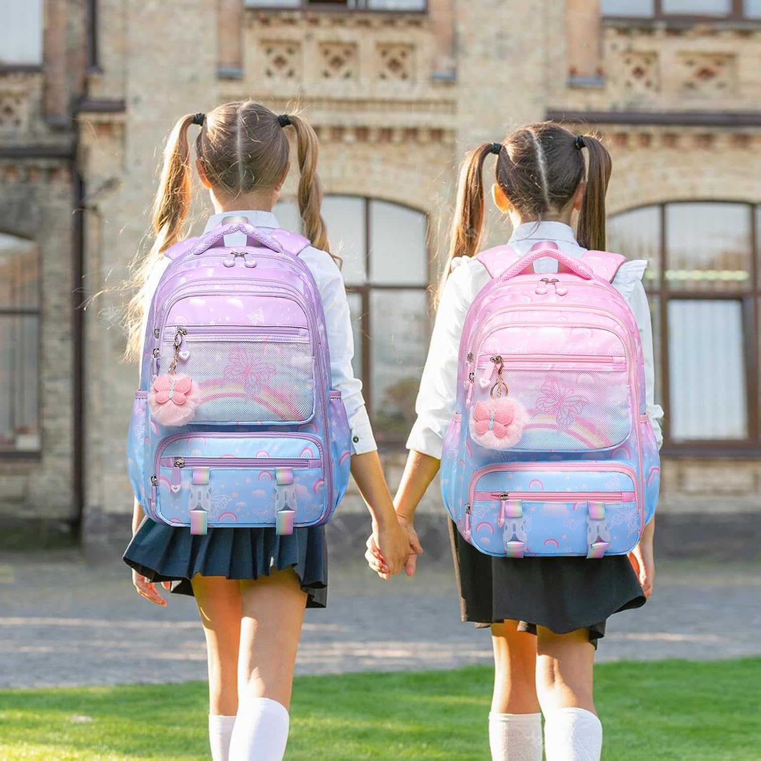 Scothen Backpack for Girls, Rainbow Butterfly Girls Backpacks with Lunch Bag Pencil Case Set, Kids Backpack Kindergarten Elementary Middle School Book Bag for Teen Girl Children Students