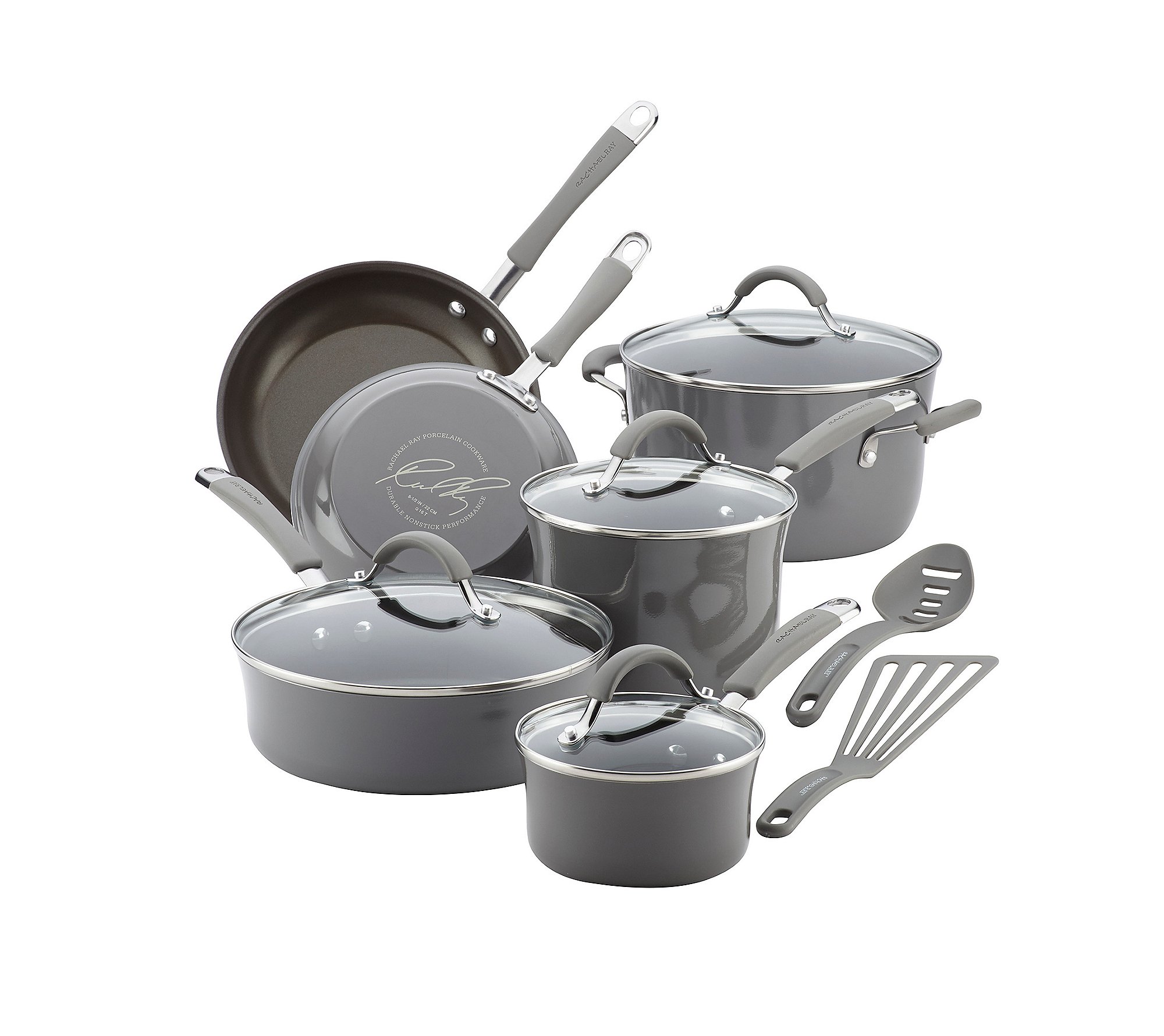 Rachael Ray Cucina Nonstick Cookware, Sea Salt Gray Pots and Pans Set, 12-Piece