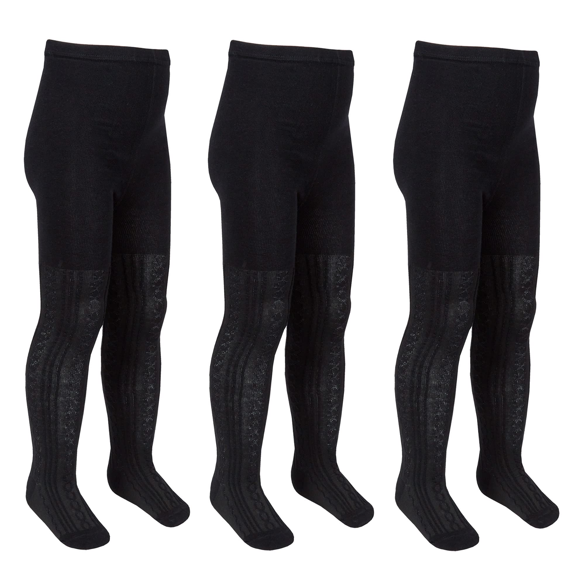 Metzuyan Girls 3 Pairs - Black 3 Pairs Cable Navy+ Black+ Grey Cotton Rich Tights 2-10 Years Black 9-10 Years